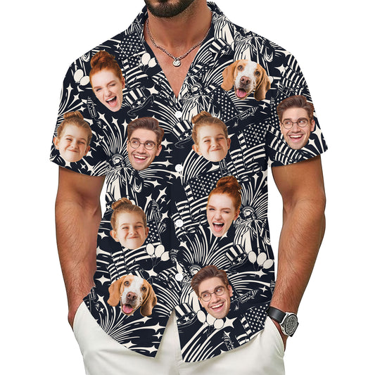 Custom Face Hawaiian Shirt, Personalized Patriotic Black & White Print Shirt for Men, Funny Gift for Dad, July 4th Celebration