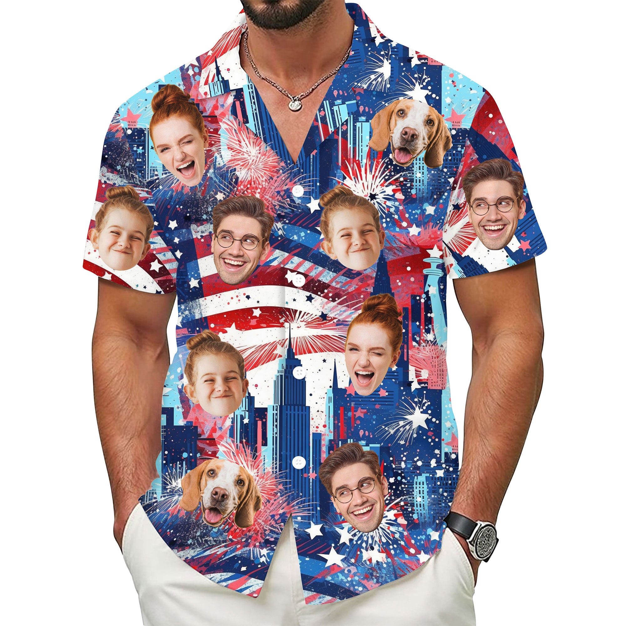 Custom Face Hawaiian Shirt, Personalized Firework City Skyline Shirt for Men, Independence Day Gift, Memorial Day Shirt