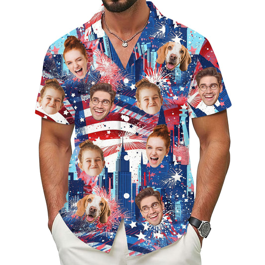 Custom Face Hawaiian Shirt, Personalized Firework City Skyline Shirt for Men, Independence Day Gift, Memorial Day Shirt