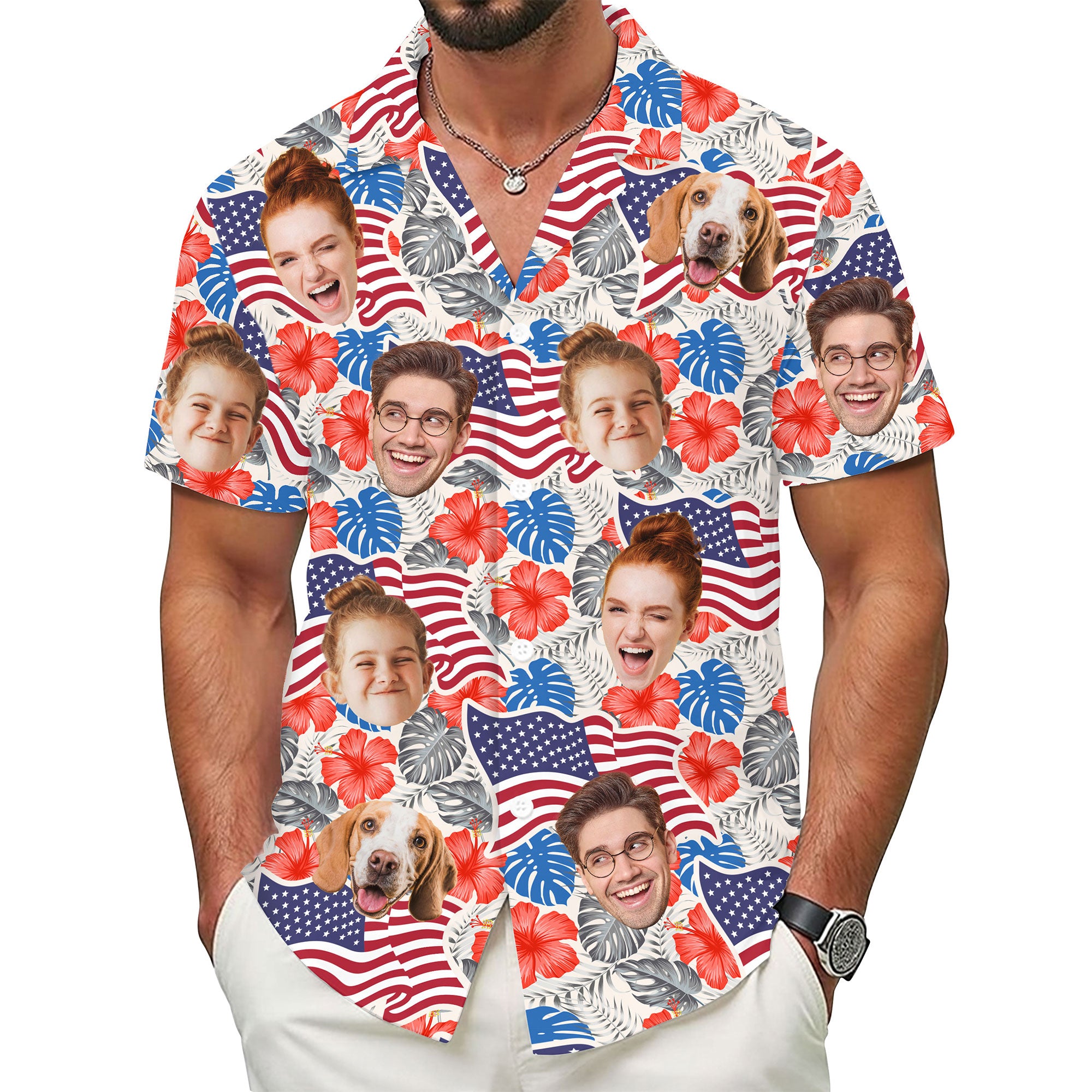 Custom Face Hawaiian Shirt, Personalized USA Flag Hibiscus Floral Shirt, 4th of July Gift for Husband, Fun Summer Shirt