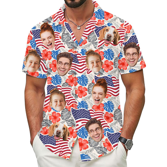 Custom Face Hawaiian Shirt, Personalized USA Flag Hibiscus Floral Shirt, 4th of July Gift for Husband, Fun Summer Shirt