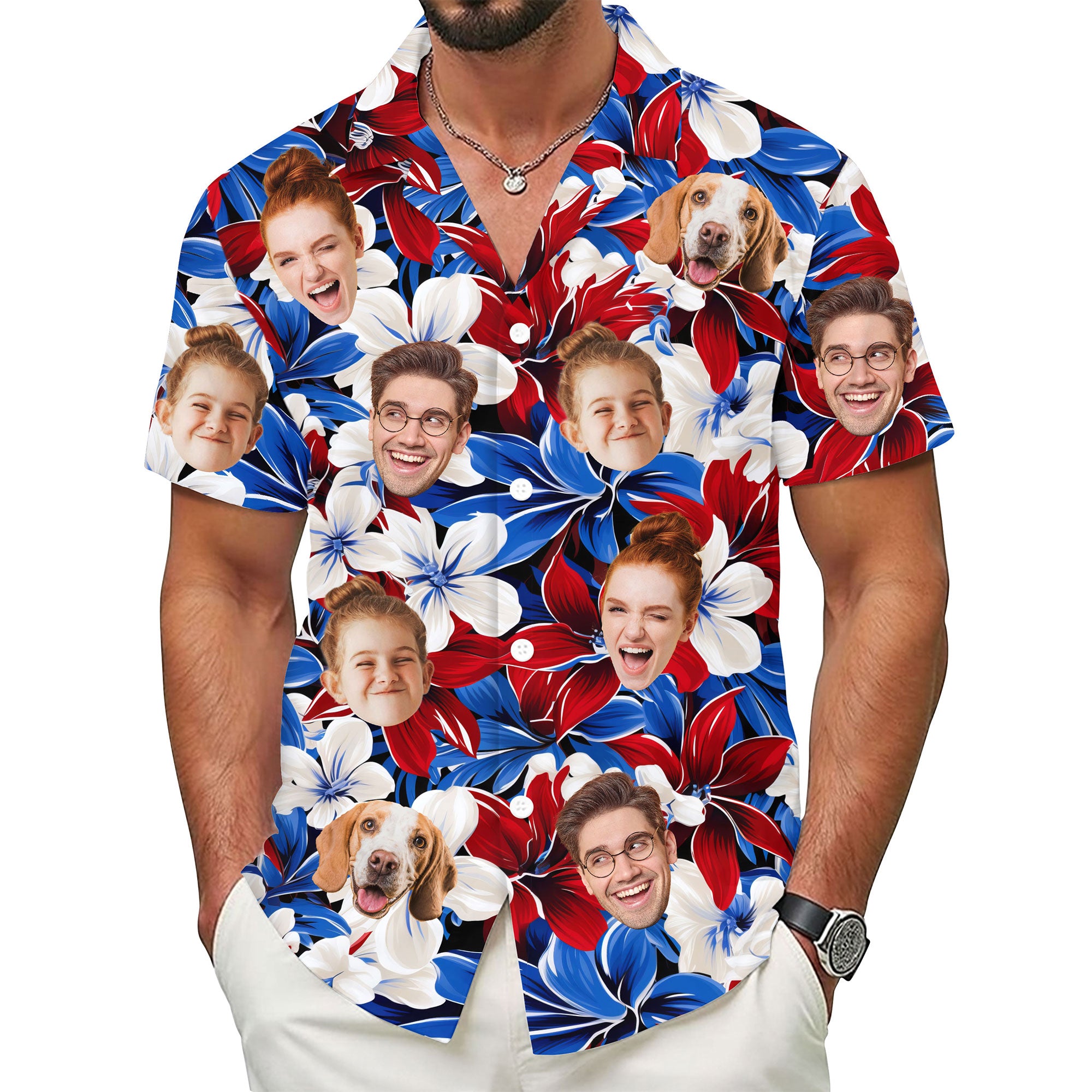 Custom Face Hawaiian Shirt, Personalized Bold Red White Blue Hibiscus Shirt for Men, Cool Father's Day Gift
