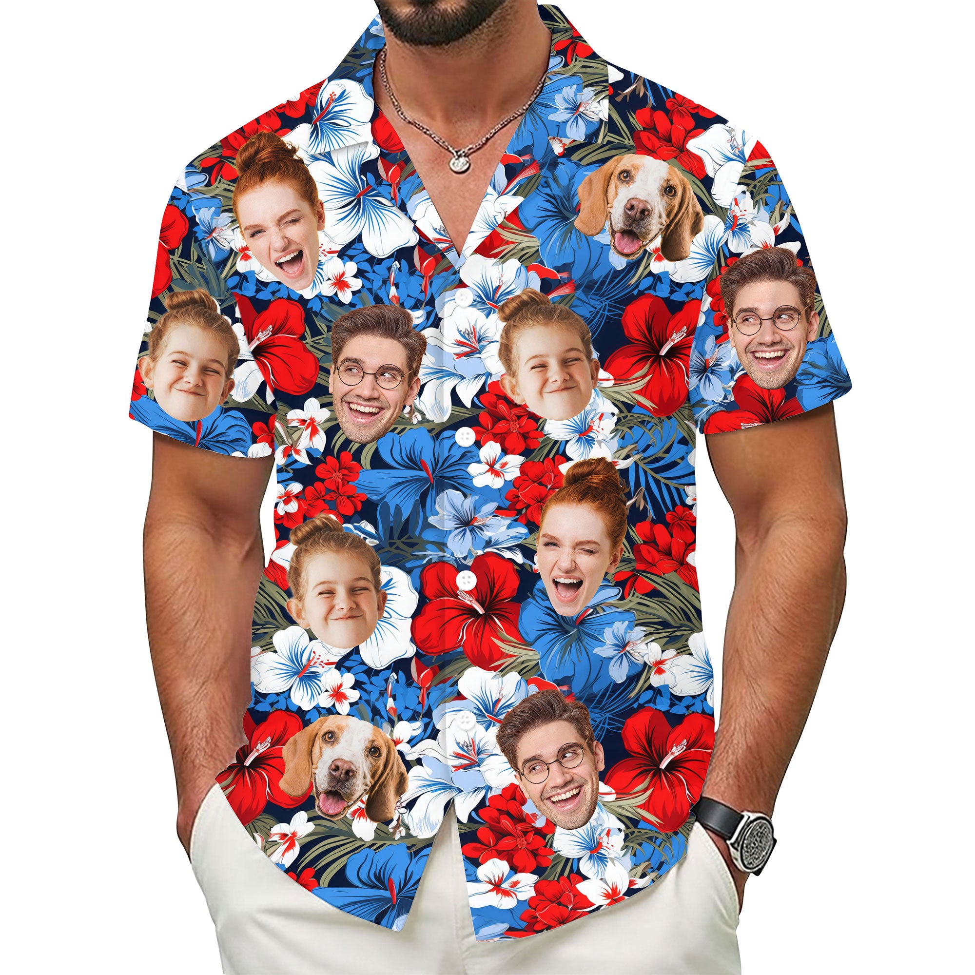 Custom Face Hawaiian Shirt, Personalized Retro Floral July 4th Shirt for Men, Patriotic Summer Vacation Shirt