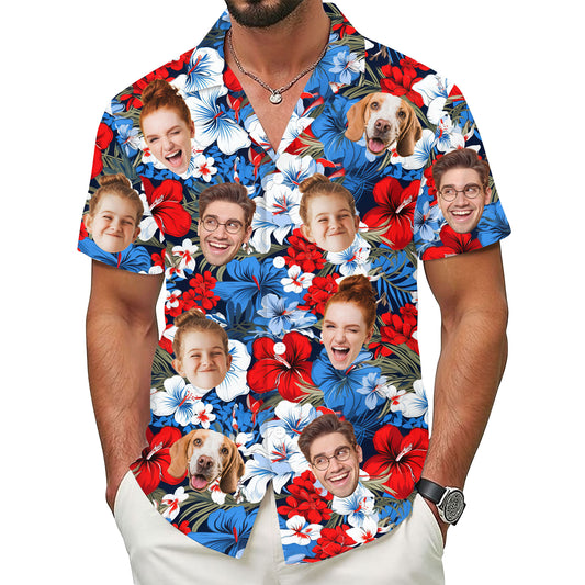Custom Face Hawaiian Shirt, Personalized Retro Floral July 4th Shirt for Men, Patriotic Summer Vacation Shirt