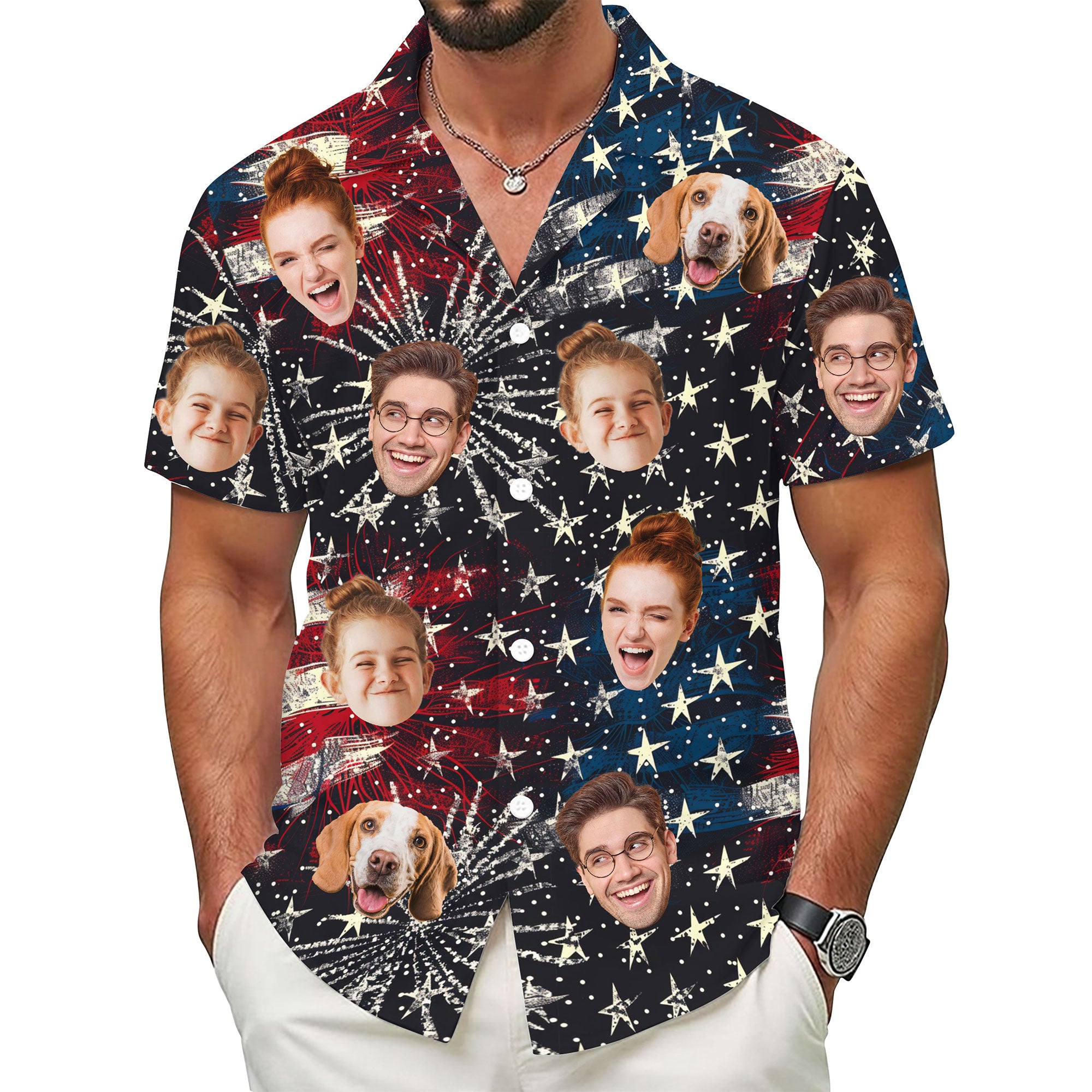 Custom Face Hawaiian Shirt, Personalized Firework & Star Celebration Shirt for Men, Funny Gift for Dad on 4th of July