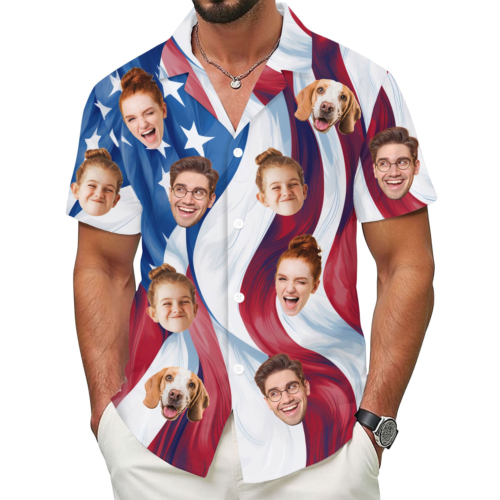 Custom Face Hawaiian Shirt, Personalized USA Flag Waves Shirt for Men, Minimalist Patriotic Shirt, July 4th Gift