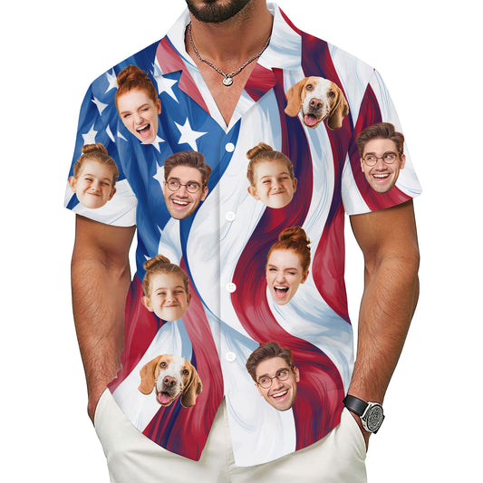 Custom Face Hawaiian Shirt, Personalized USA Flag Waves Shirt for Men, Minimalist Patriotic Shirt, July 4th Gift
