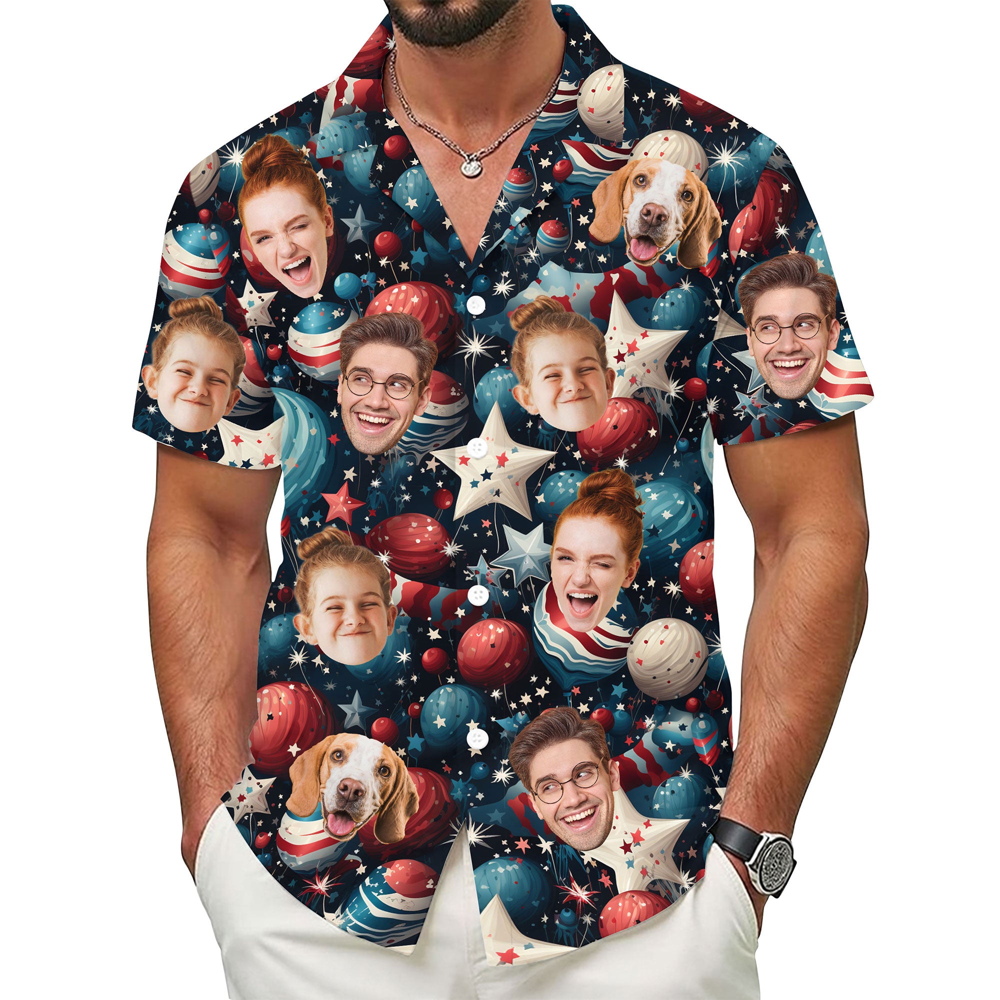 Custom Face Hawaiian Shirt, Personalized Star & Ornament Themed Shirt for Men, Unique 4th of July Gift