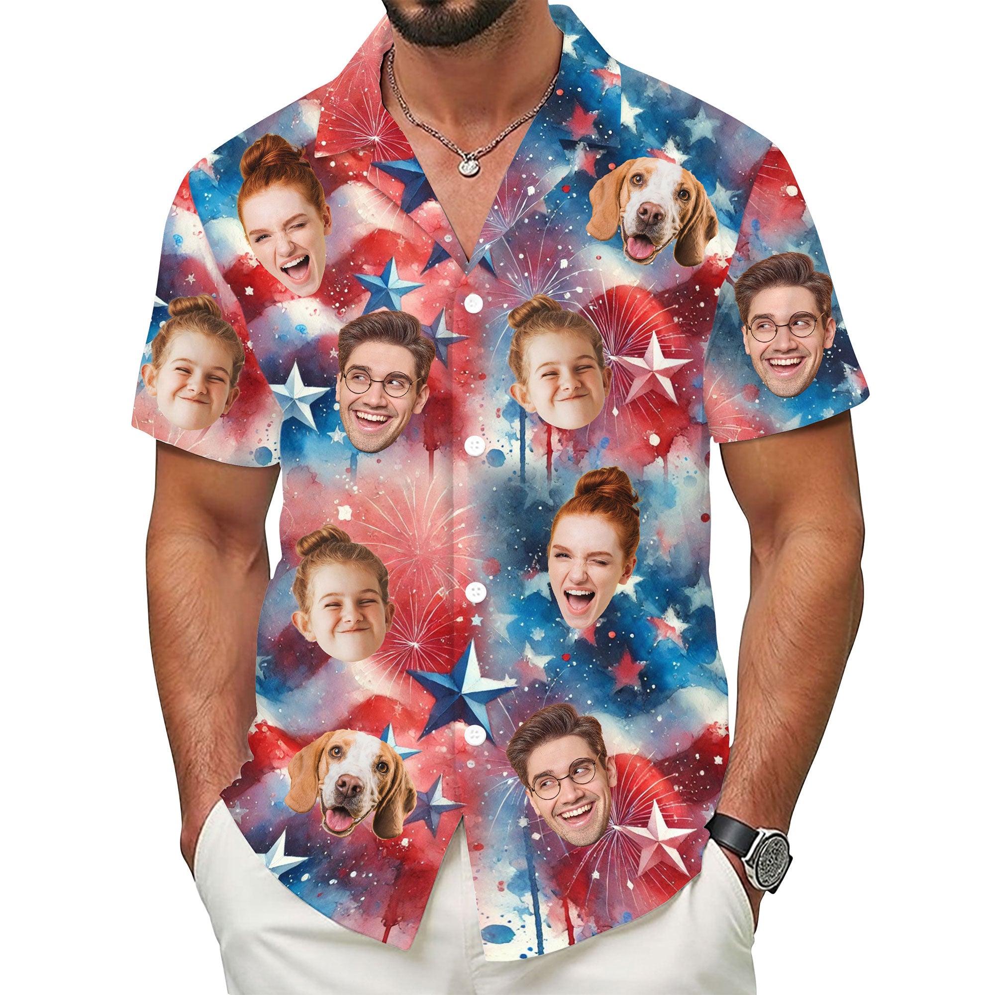 Custom Photo Aloha Shirt, Personalized Patriotic Hawaiian Shirt for Men, Funny Face Shirt, Perfect Gift for Friends, Husband, or Dad