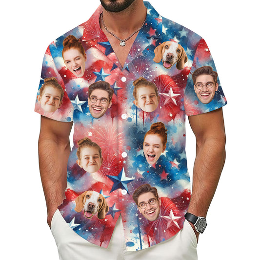 Custom Photo Aloha Shirt, Personalized Patriotic Hawaiian Shirt for Men, Funny Face Shirt, Perfect Gift for Friends, Husband, or Dad