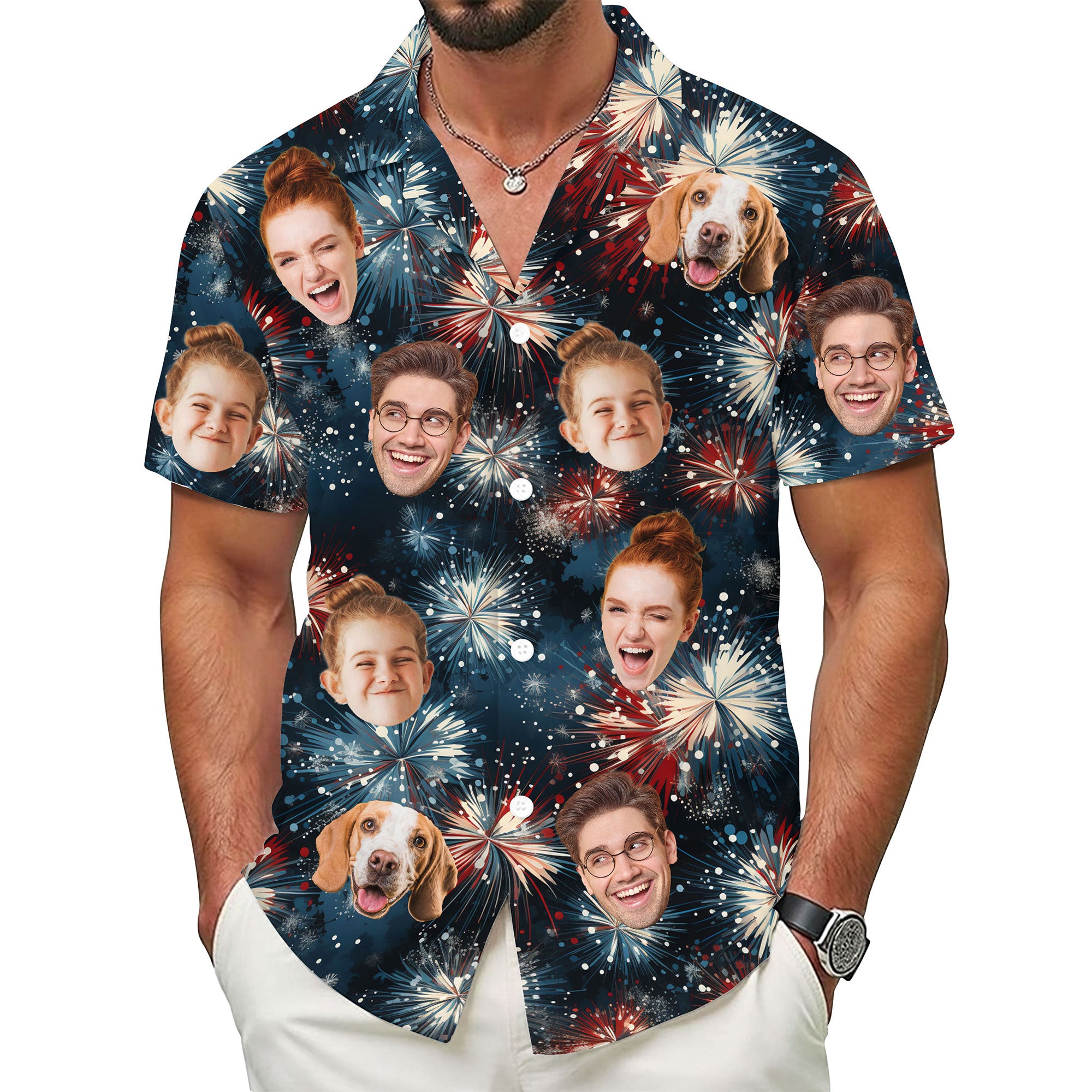 Custom Face Hawaiian Shirt, Personalized Fireworks Show Shirt for Men, Independence Day Celebration Shirt, Gift for Husband