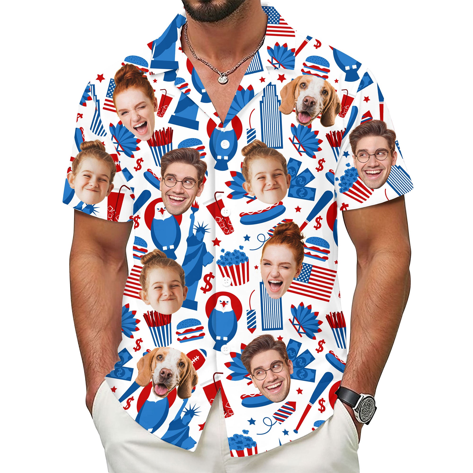 Personalized Face Print Hawaiian Shirt, Red Blue Star Shirt for Men, Summer Gift Idea, Thoughtful Custom Gift for Dad on Birthday or Anniversary