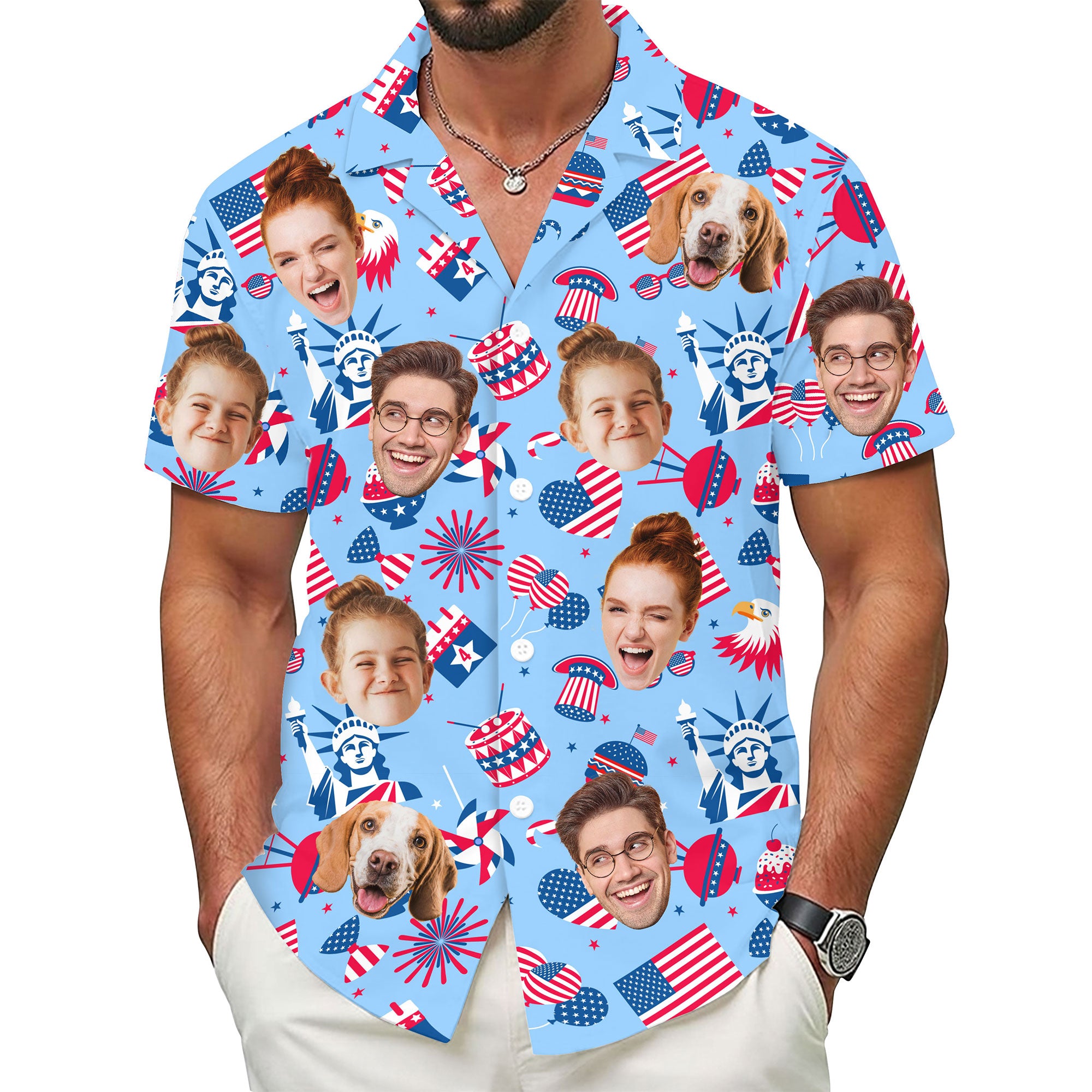 Custom Face Hawaiian Shirt, Personalized Independence Day Shirt for Men, USA Flag Shirt, Unique Gift for Dad or Friends