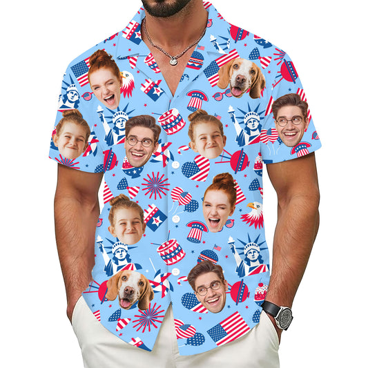 Custom Face Hawaiian Shirt, Personalized Independence Day Shirt for Men, USA Flag Shirt, Unique Gift for Dad or Friends