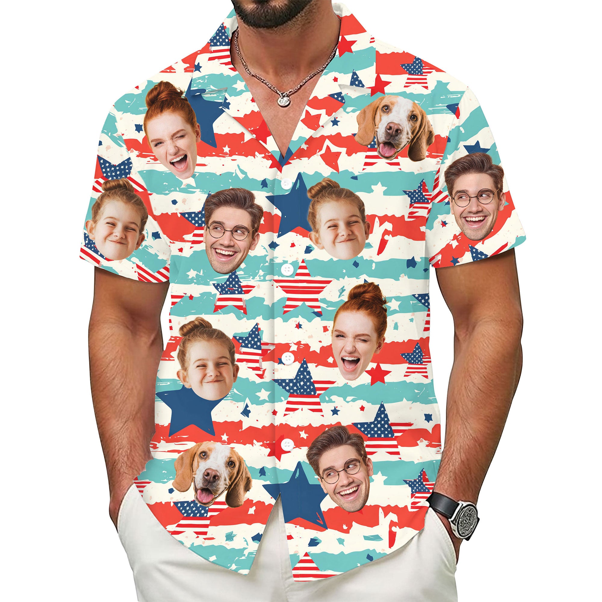 Custom Face Hawaiian Shirt, Personalized America Map Pattern Shirt for Men, Stars and Stripes Gift, Great for July 4th or Family Parties