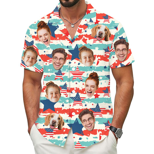 Custom Face Hawaiian Shirt, Personalized America Map Pattern Shirt for Men, Stars and Stripes Gift, Great for July 4th or Family Parties