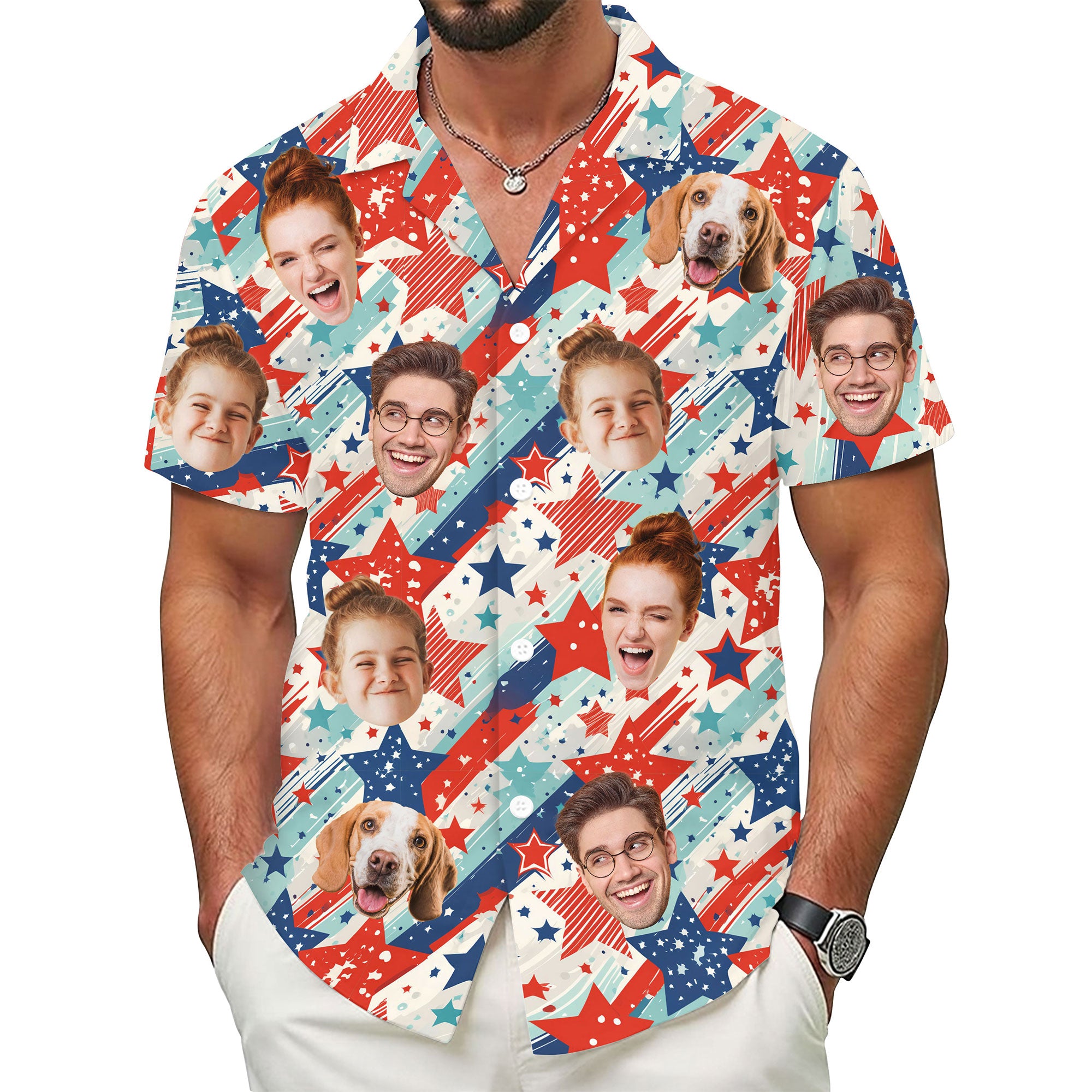 Custom Face Hawaiian Shirt, Personalized USA Fireworks Shirt for Men, Red White Blue Shirt, Patriotic Gift for Him on Holiday