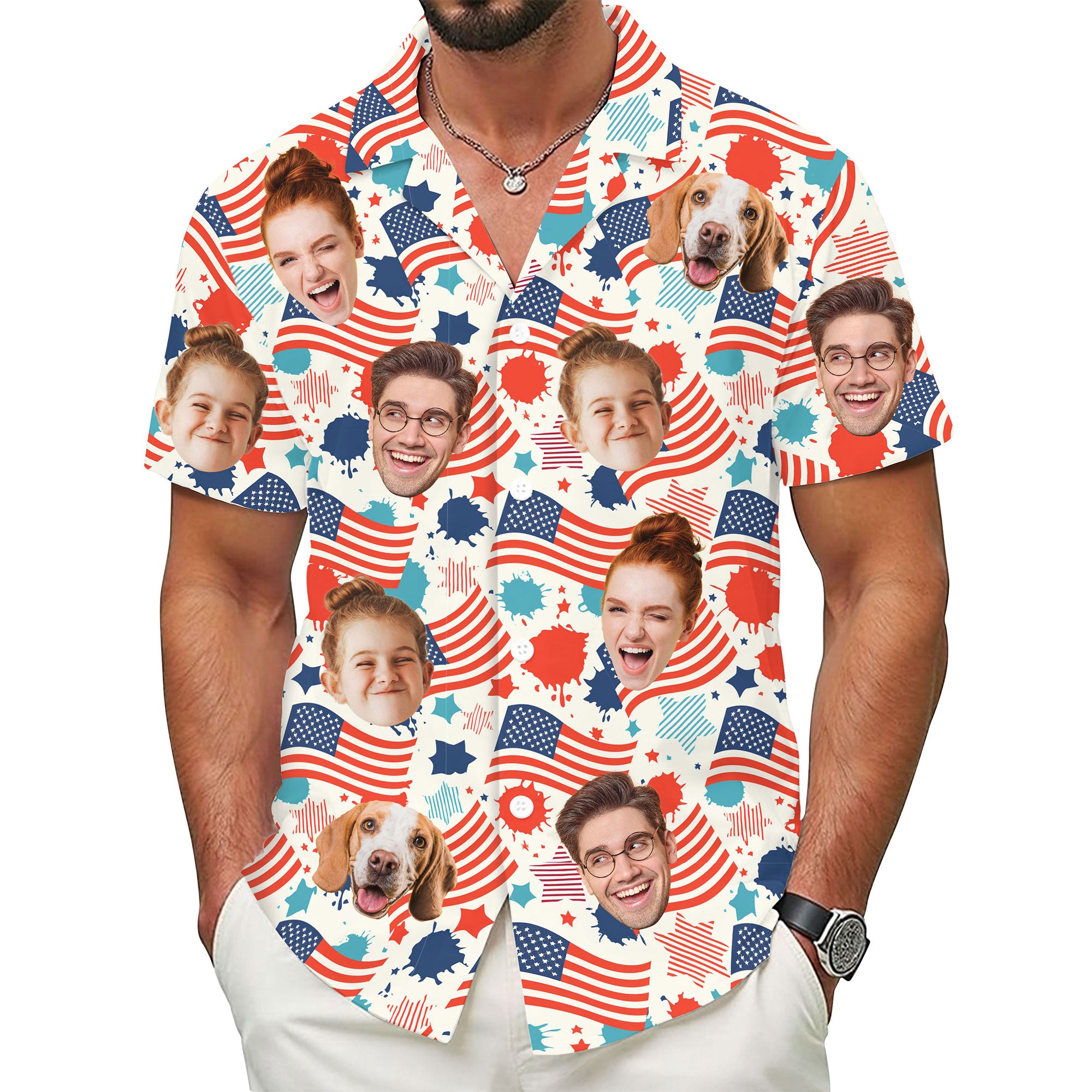 Custom Face Hawaiian Shirt, Personalized USA Flag Celebration Shirt for Men, Fun Gift for Father’s Day, Independence Day or Anniversary