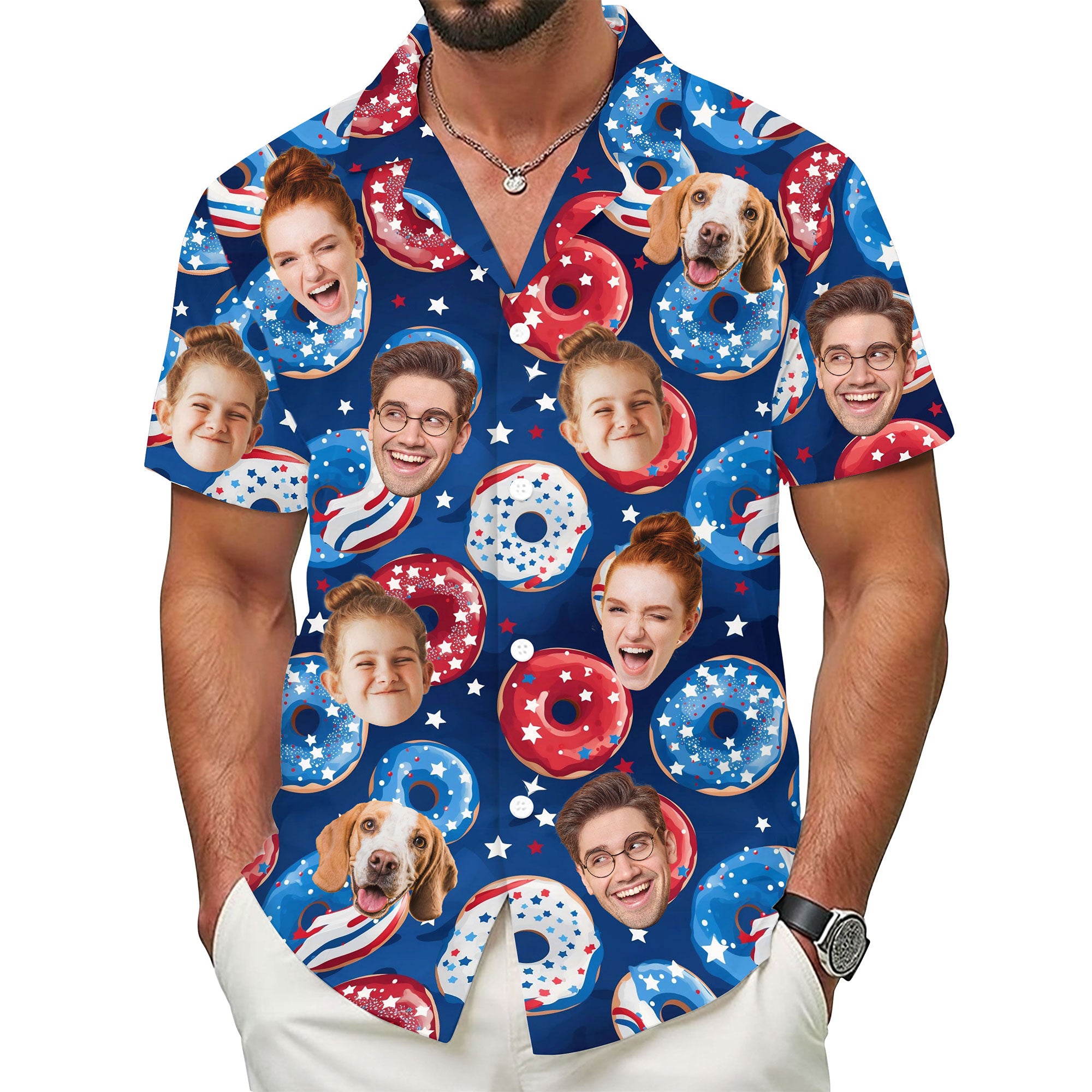 Custom Face Hawaiian Shirt, Personalized Donut and Stars Pattern Shirt for Men, Funny 4th of July Gift, Summer Shirt for Friends or Husband