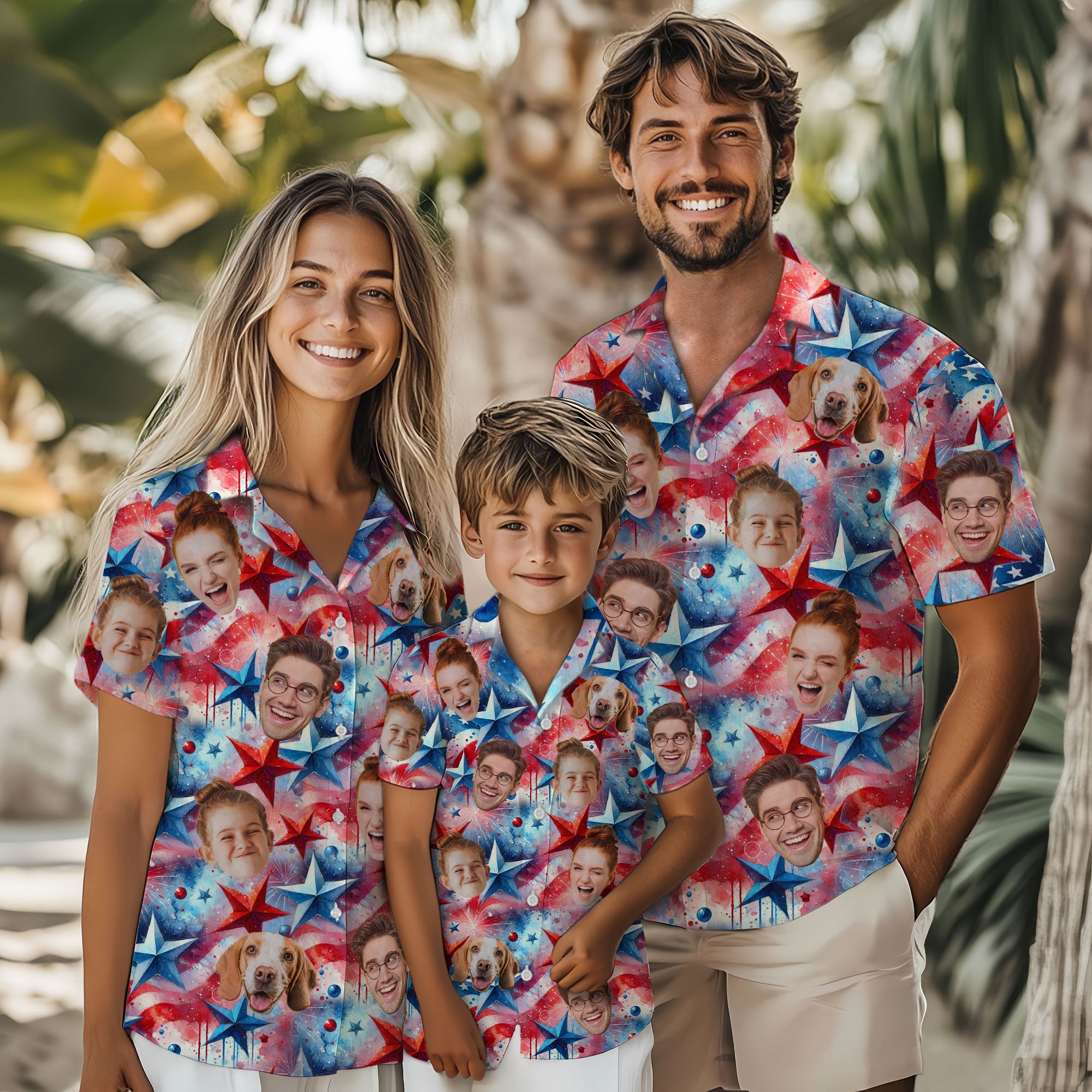 Custom Face Hawaiian Shirt, Personalized Red White Blue Star Shirt for Men, Fun Summer Gift, A Unique Gift for Dad or Husband on Father’s Day or Vacation