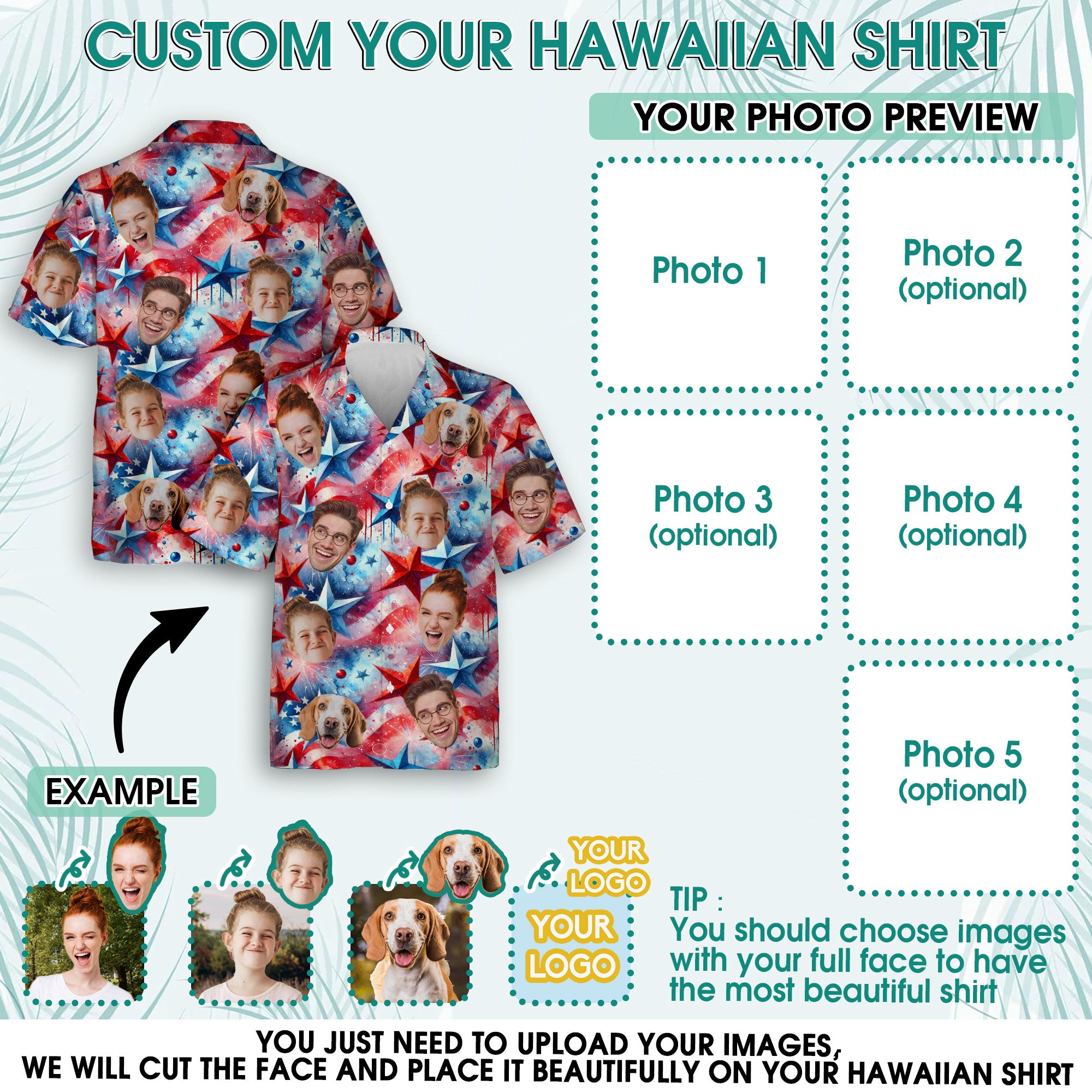 Custom Face Hawaiian Shirt, Personalized Red White Blue Star Shirt for Men, Fun Summer Gift, A Unique Gift for Dad or Husband on Father’s Day or Vacation