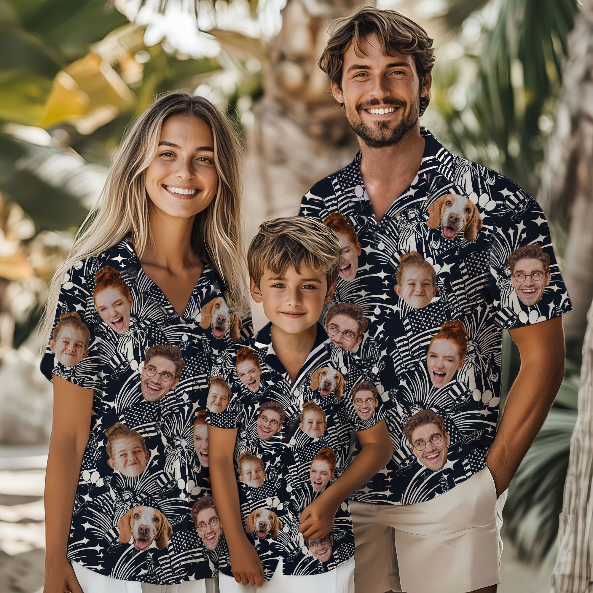 Custom Face Hawaiian Shirt, Personalized Patriotic Black & White Print Shirt for Men, Funny Gift for Dad, July 4th Celebration