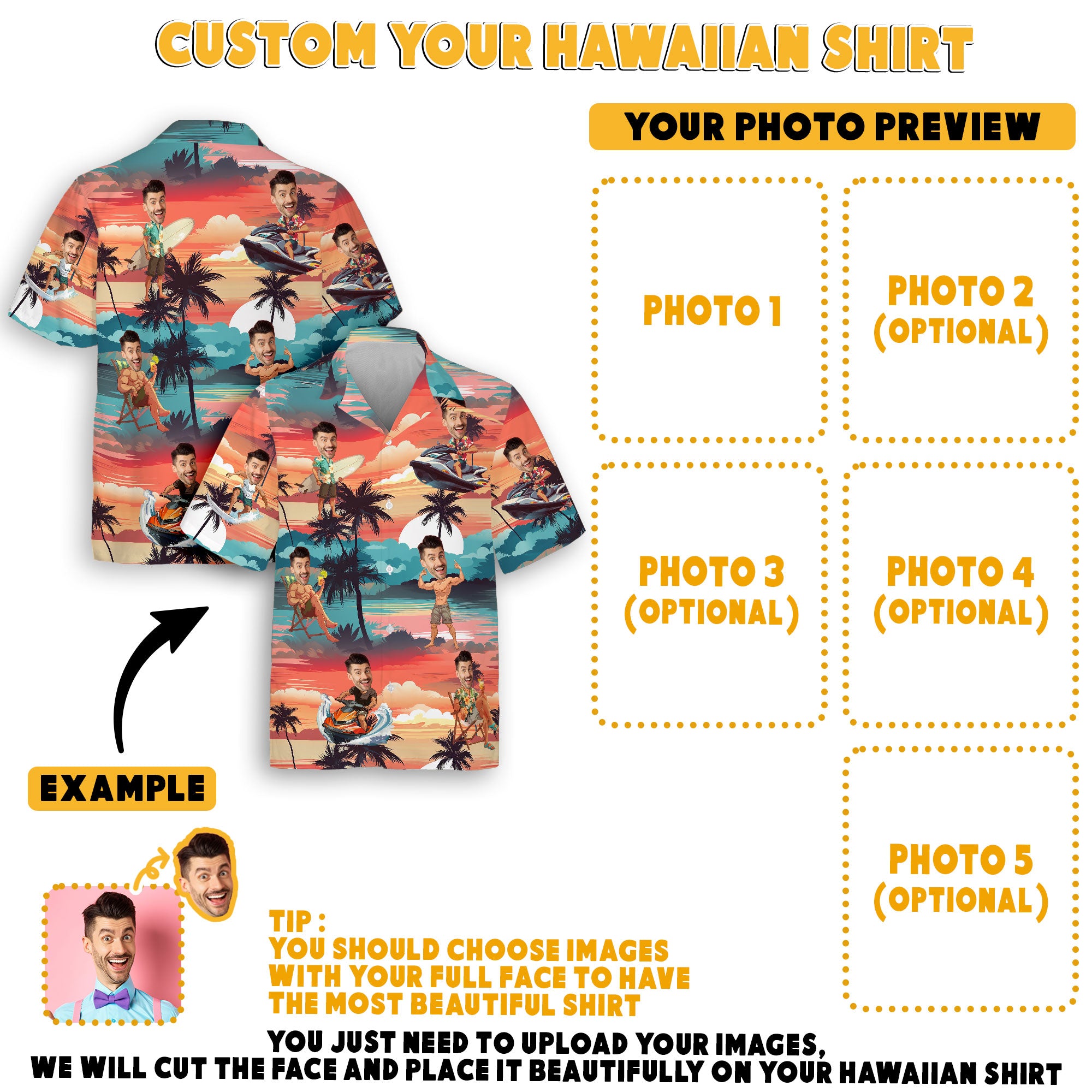 Custom Beach Shirt with Face, Matching Shirts for Couples, Friends, or Family Reunions
