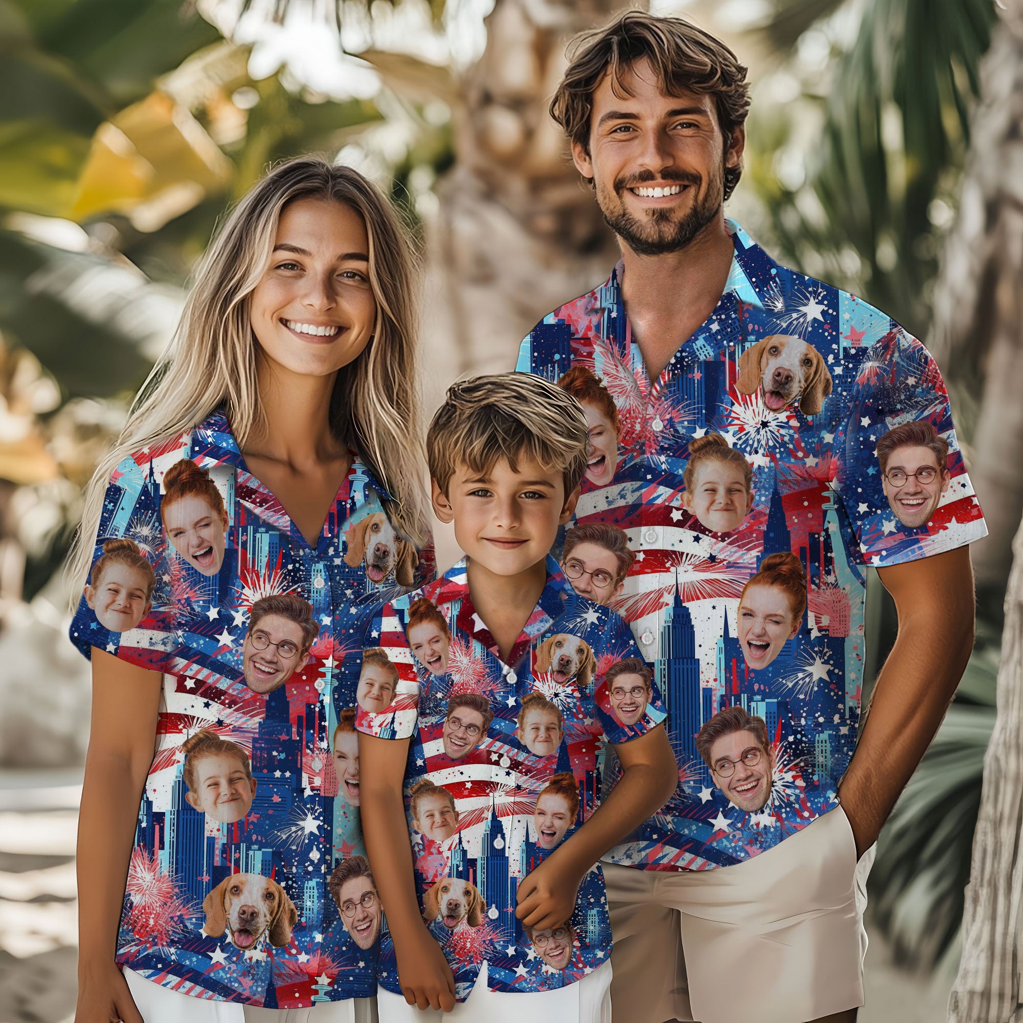 Custom Face Hawaiian Shirt, Personalized Firework City Skyline Shirt for Men, Independence Day Gift, Memorial Day Shirt
