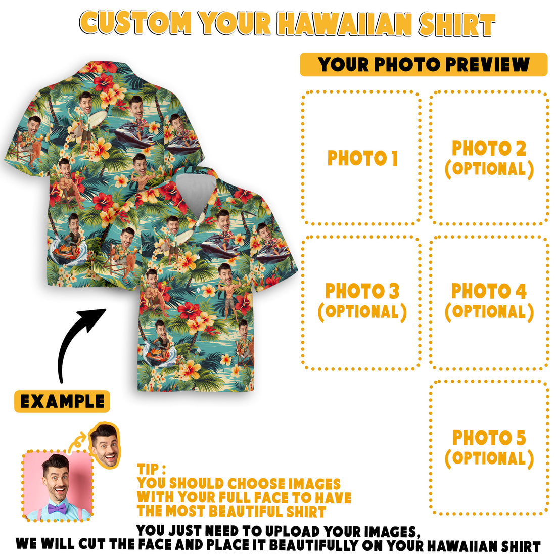 Tropical Custom Face Shirt, Birthday Gift for Him, Her, Brother, Uncle, or Travel Buddy