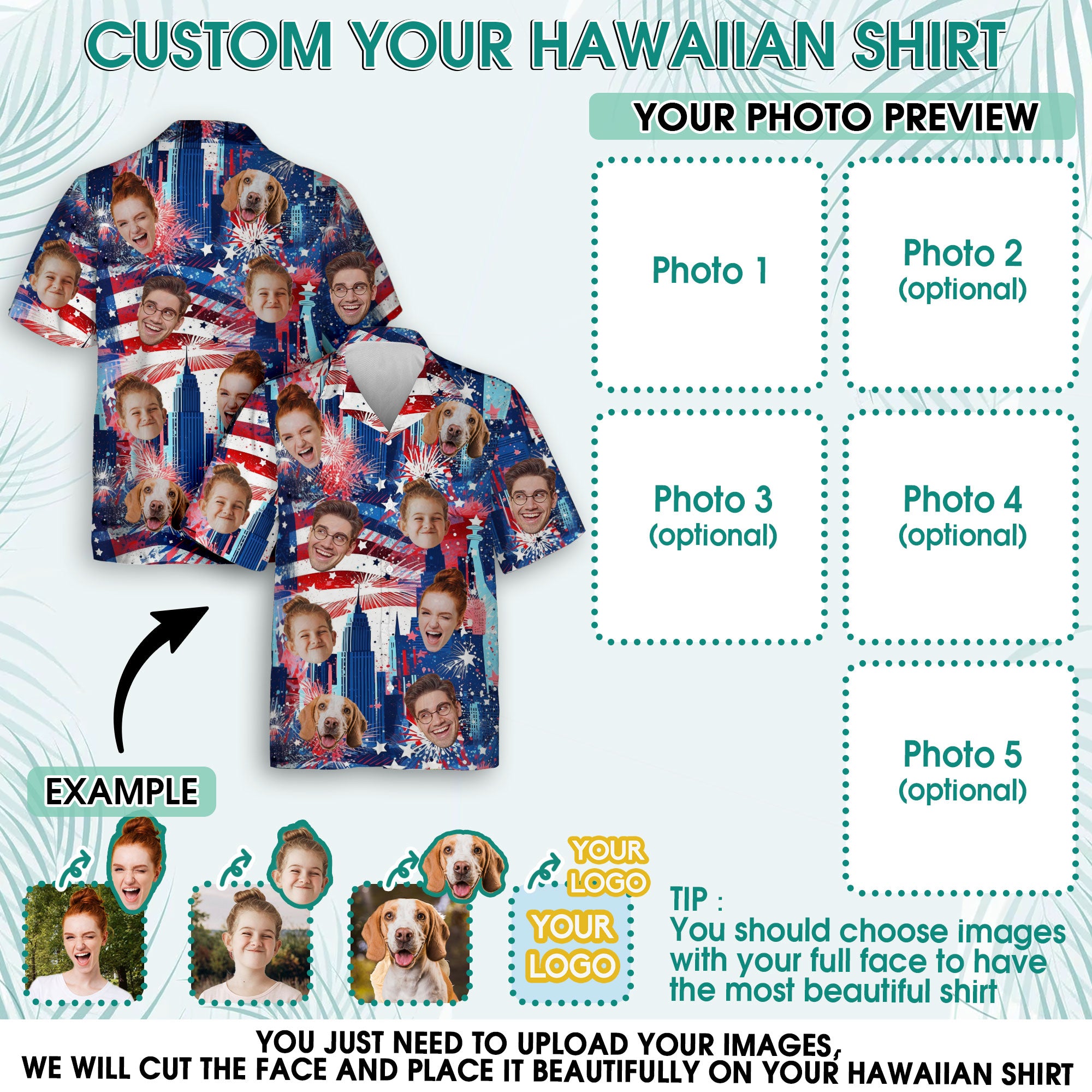 Custom Face Hawaiian Shirt, Personalized Firework City Skyline Shirt for Men, Independence Day Gift, Memorial Day Shirt