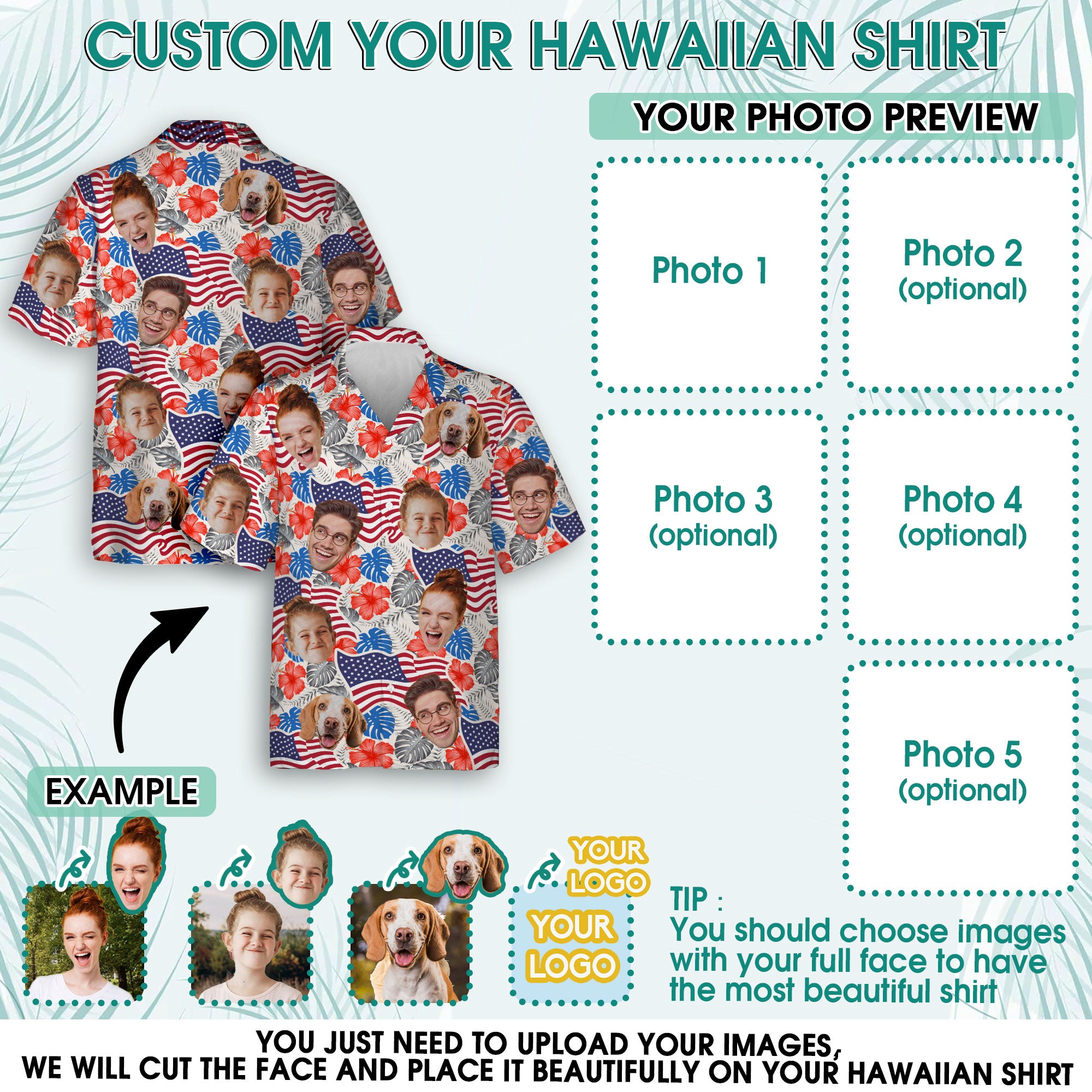 Custom Face Hawaiian Shirt, Personalized USA Flag Hibiscus Floral Shirt, 4th of July Gift for Husband, Fun Summer Shirt