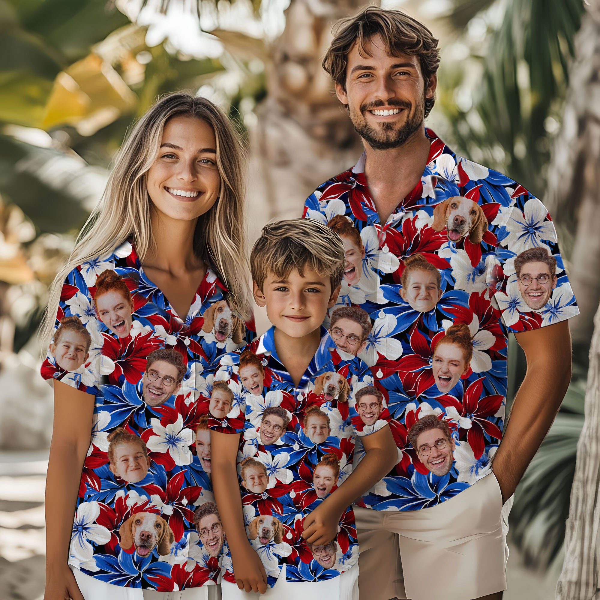 Custom Face Hawaiian Shirt, Personalized Bold Red White Blue Hibiscus Shirt for Men, Cool Father's Day Gift