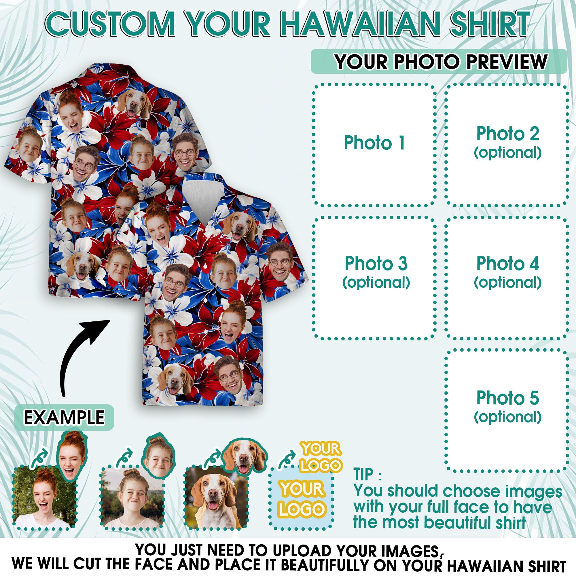 Custom Face Hawaiian Shirt, Personalized Bold Red White Blue Hibiscus Shirt for Men, Cool Father's Day Gift