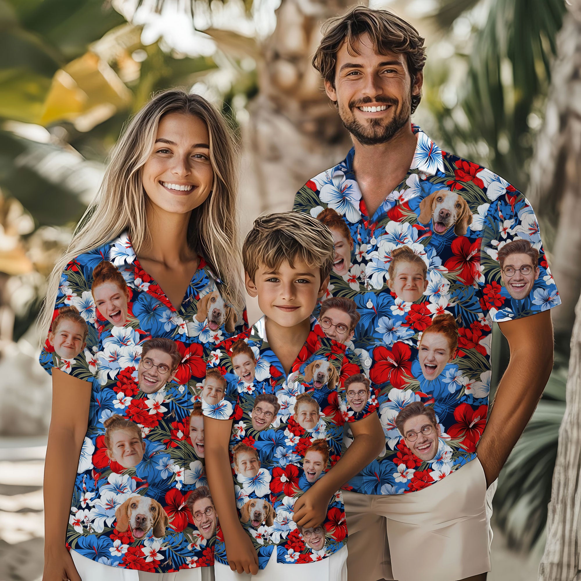 Custom Face Hawaiian Shirt, Personalized Retro Floral July 4th Shirt for Men, Patriotic Summer Vacation Shirt
