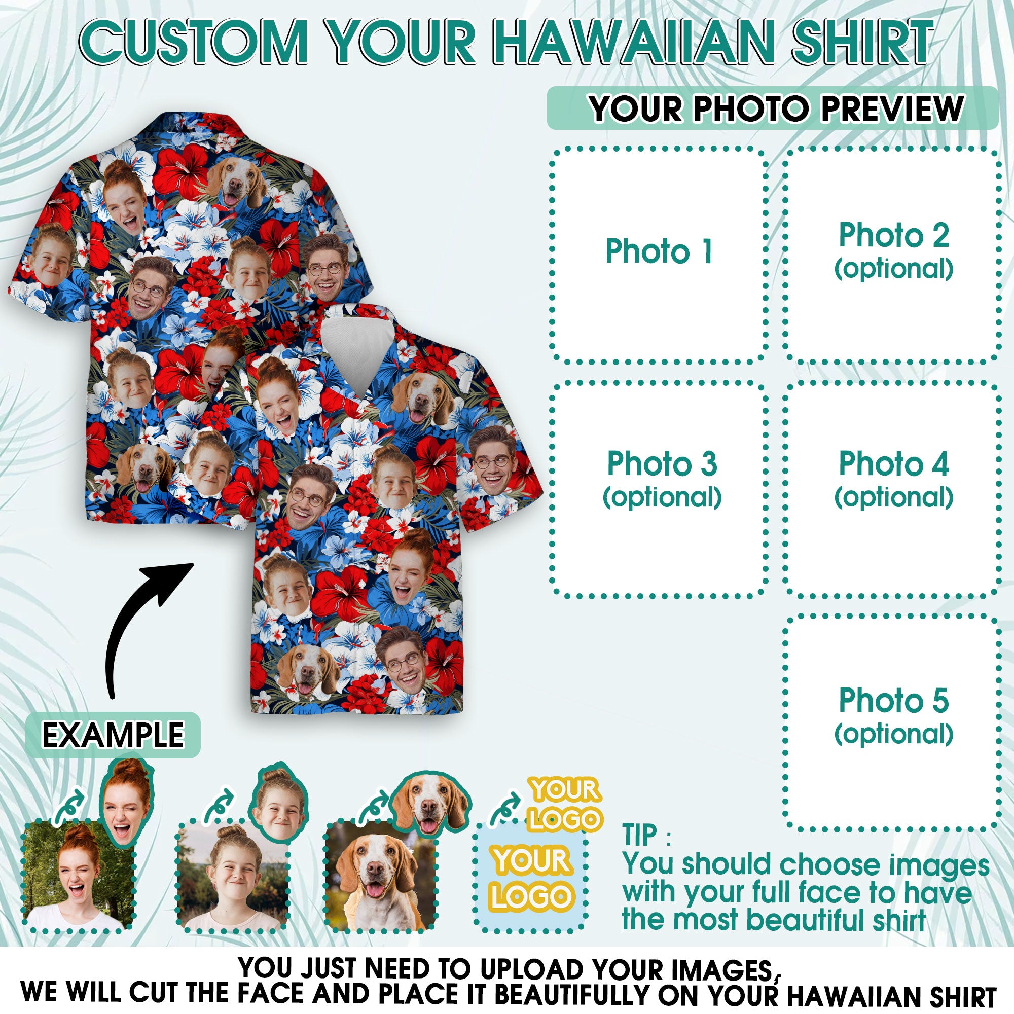 Custom Face Hawaiian Shirt, Personalized Retro Floral July 4th Shirt for Men, Patriotic Summer Vacation Shirt