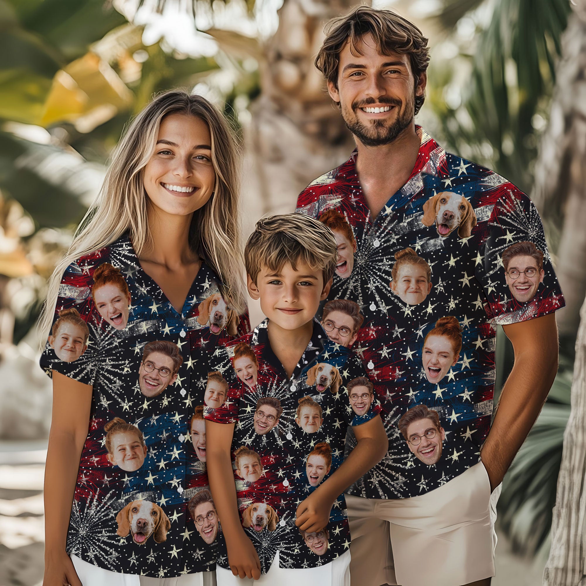 Custom Face Hawaiian Shirt, Personalized Firework & Star Celebration Shirt for Men, Funny Gift for Dad on 4th of July