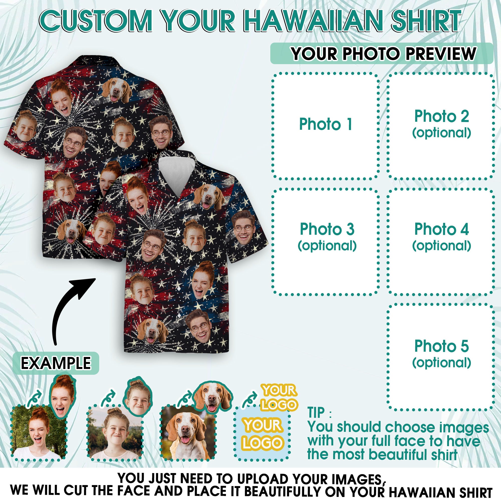 Custom Face Hawaiian Shirt, Personalized Firework & Star Celebration Shirt for Men, Funny Gift for Dad on 4th of July