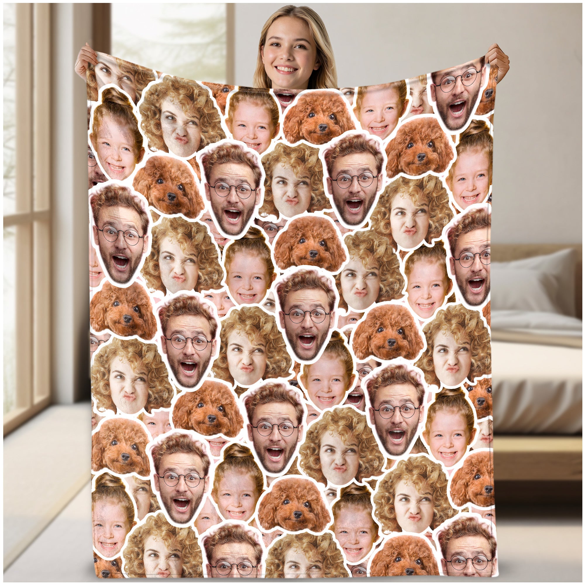 Custom Face Blanket, Personalized Throw Blanket With Pictures For Parents and Kids Pets Multi Faces Funny, Soft Plush Blankets for Couch Bed Sofa, Great Gift Ideas For Dad Mom From Son Daughter