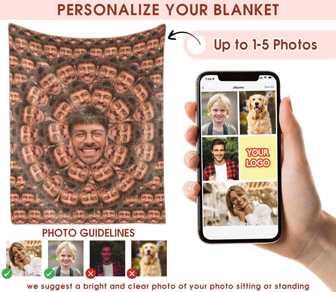 Custom Face Blanket With Pictures, Personalized Funny Face Blanket From Photo For Couple Family Pet Lover, Surprise Gift Ideas For Your Loved One On Thanksgiving Christmas Birthday