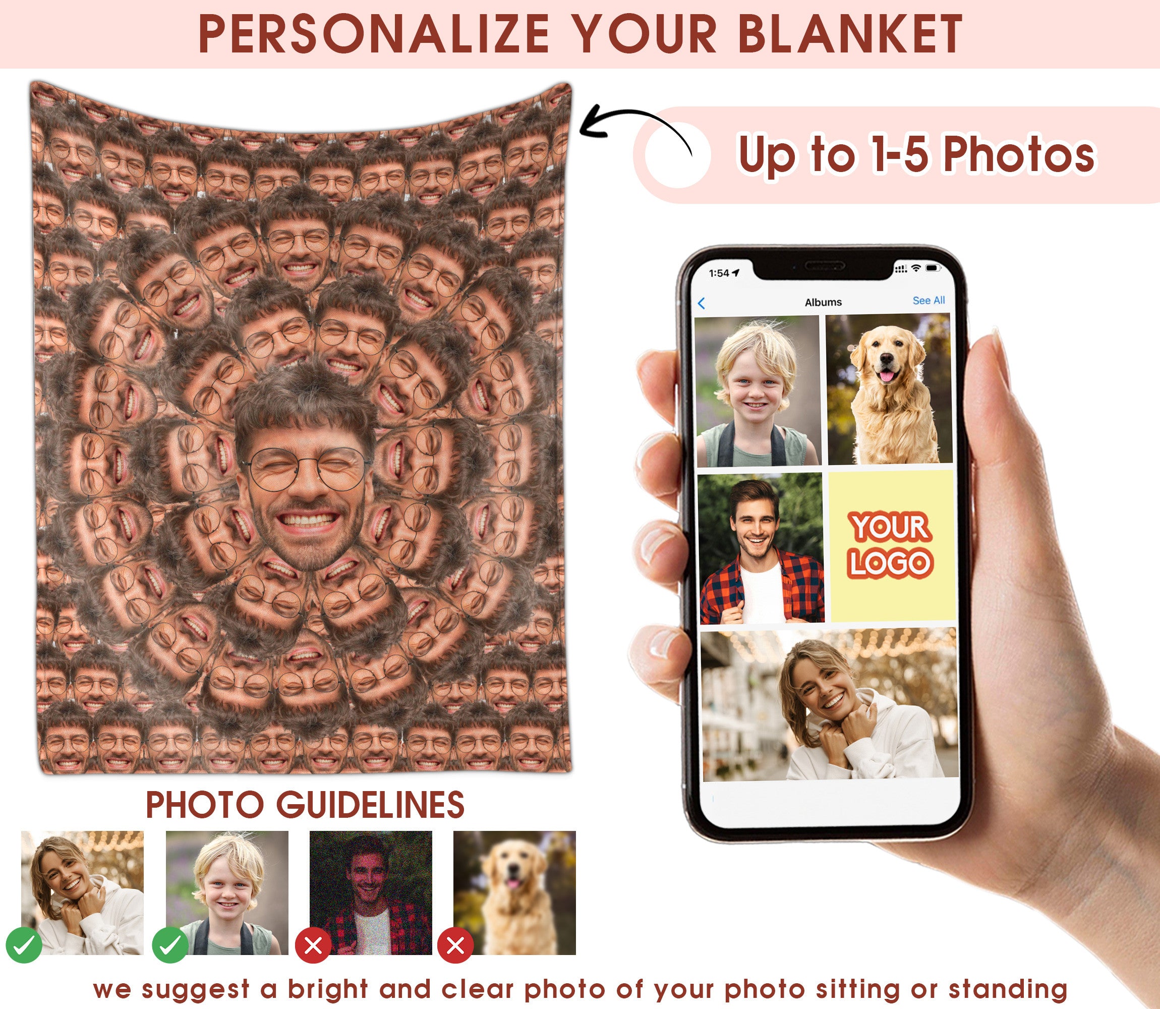Custom Face Blanket With Pictures, Personalized Funny Face Blanket From Photo For Couple Family Pet Lover, Surprise Gift Ideas For Your Loved One On Thanksgiving Christmas Birthday