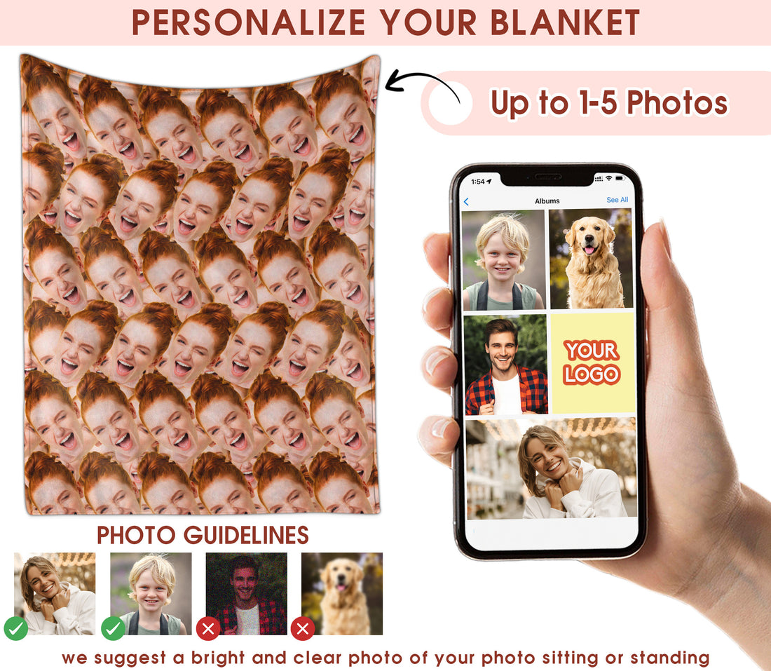 Custom Face Blanket, Personalized Photo Blankets With Pictures for Friends and Couples, Funny Face Blanket Anniversary Surprise Gifts for Girlfriend Boyfriend Husband Wife, Multiple Sizes Available