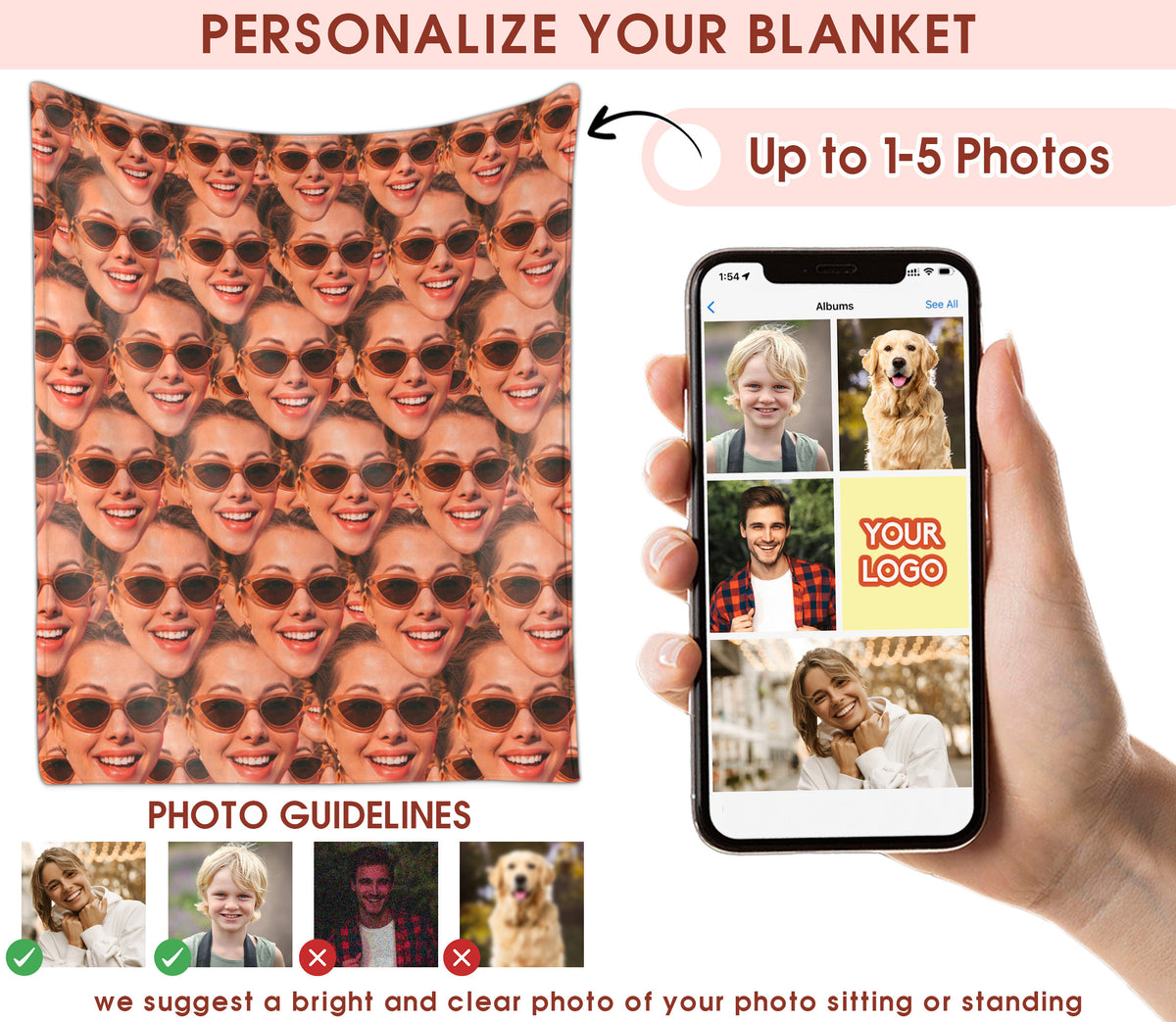 Custom Funny Face Blanket, Personalized Photo Blanket With Pictures for Family Couples Pet Lovers, Soft Plush Blankets for Indoor Or Outdoor, Thanksgiving Anniversary Wedding Gifts for Her Him