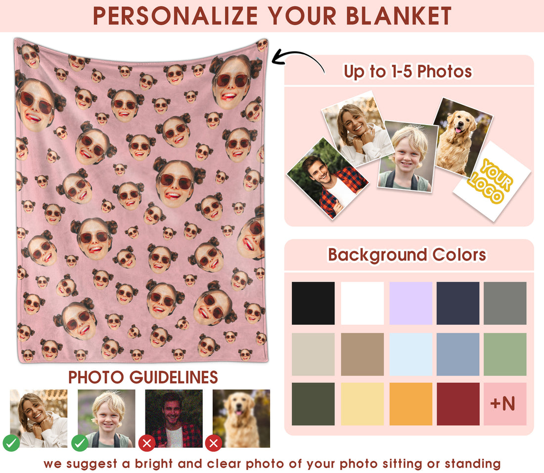 Custom Face Blanket With Multi Colors, Personalized Funny Face Blanket With Pictures for Friend Couple Family Pet Lovers, Surprise Gifts for Him Her Husband Wife on Valentine Day Anniversary Wedding