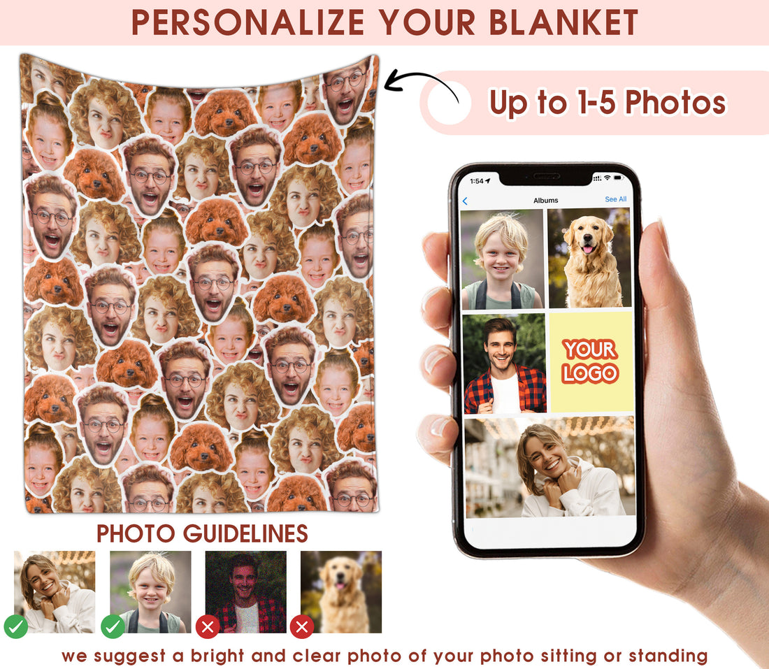 Custom Face Blanket, Personalized Throw Blanket With Pictures For Parents and Kids Pets Multi Faces Funny, Soft Plush Blankets for Couch Bed Sofa, Great Gift Ideas For Dad Mom From Son Daughter