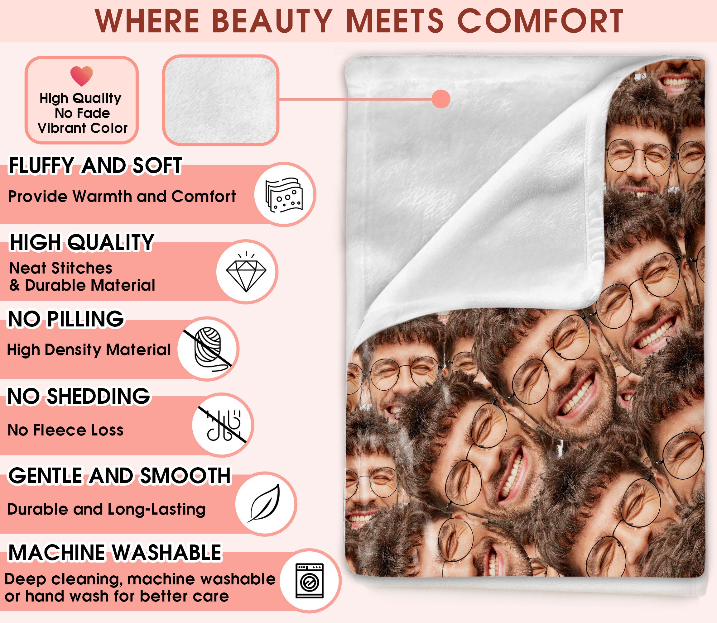 Custom Face Blanket With Pictures, Personalized Funny Face Blanket From Photo For Couple Family Pet Lover, Surprise Gift Ideas For Your Loved One On Thanksgiving Christmas Birthday