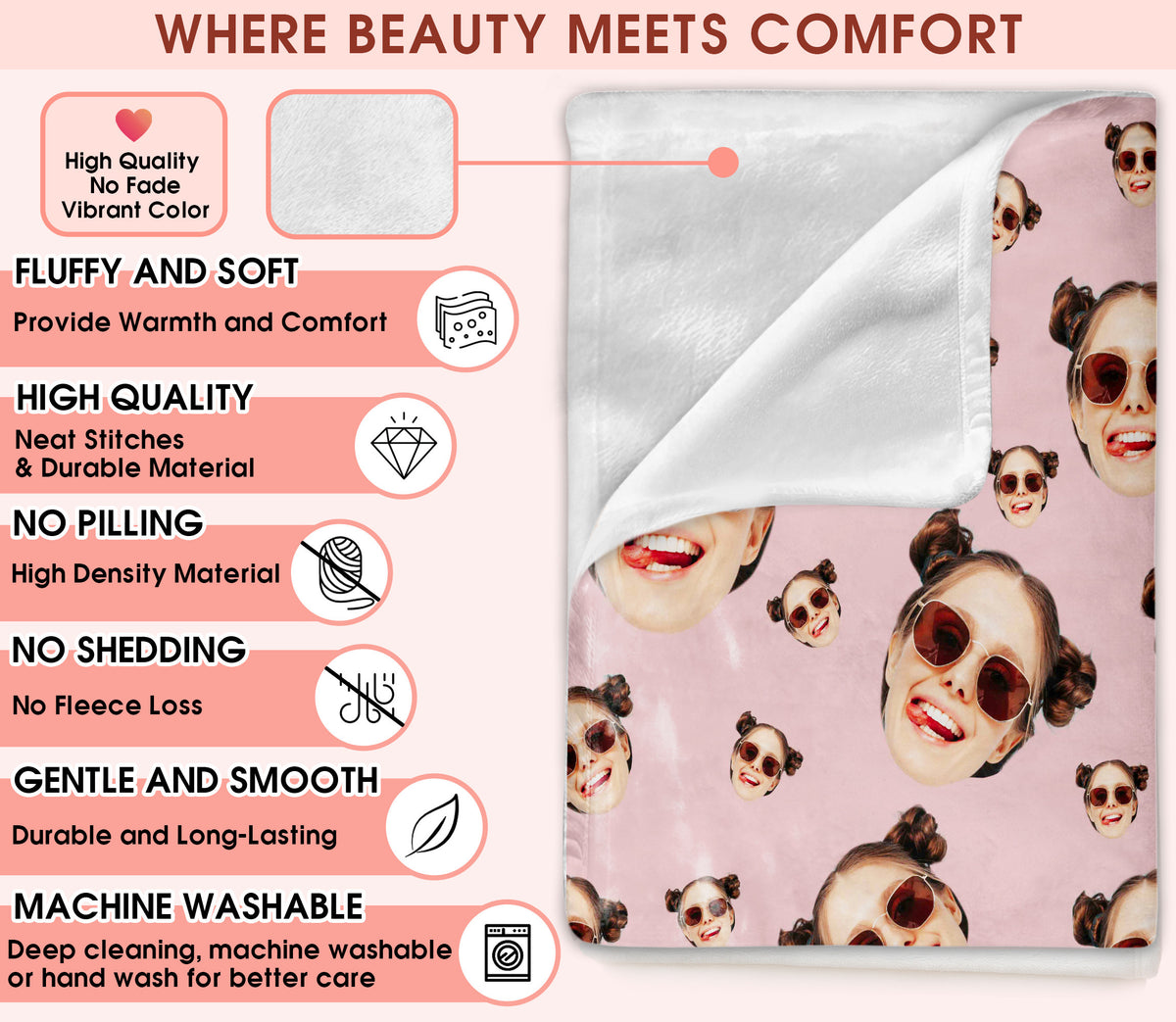 Custom Face Blanket With Multi Colors, Personalized Funny Face Blanket With Pictures for Friend Couple Family Pet Lovers, Surprise Gifts for Him Her Husband Wife on Valentine Day Anniversary Wedding