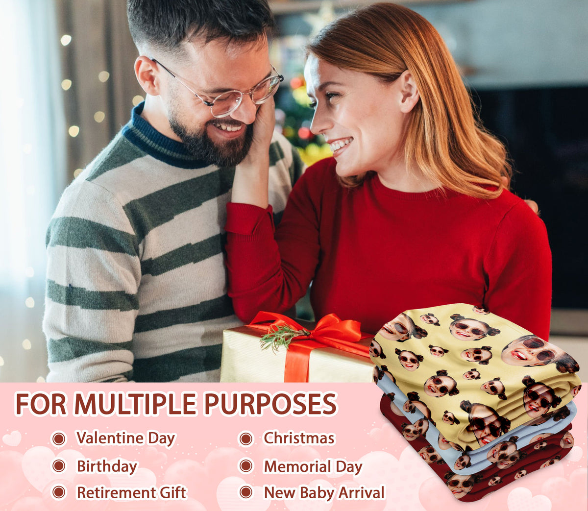 Custom Face Blanket With Multi Colors, Personalized Funny Face Blanket With Pictures for Friend Couple Family Pet Lovers, Surprise Gifts for Him Her Husband Wife on Valentine Day Anniversary Wedding
