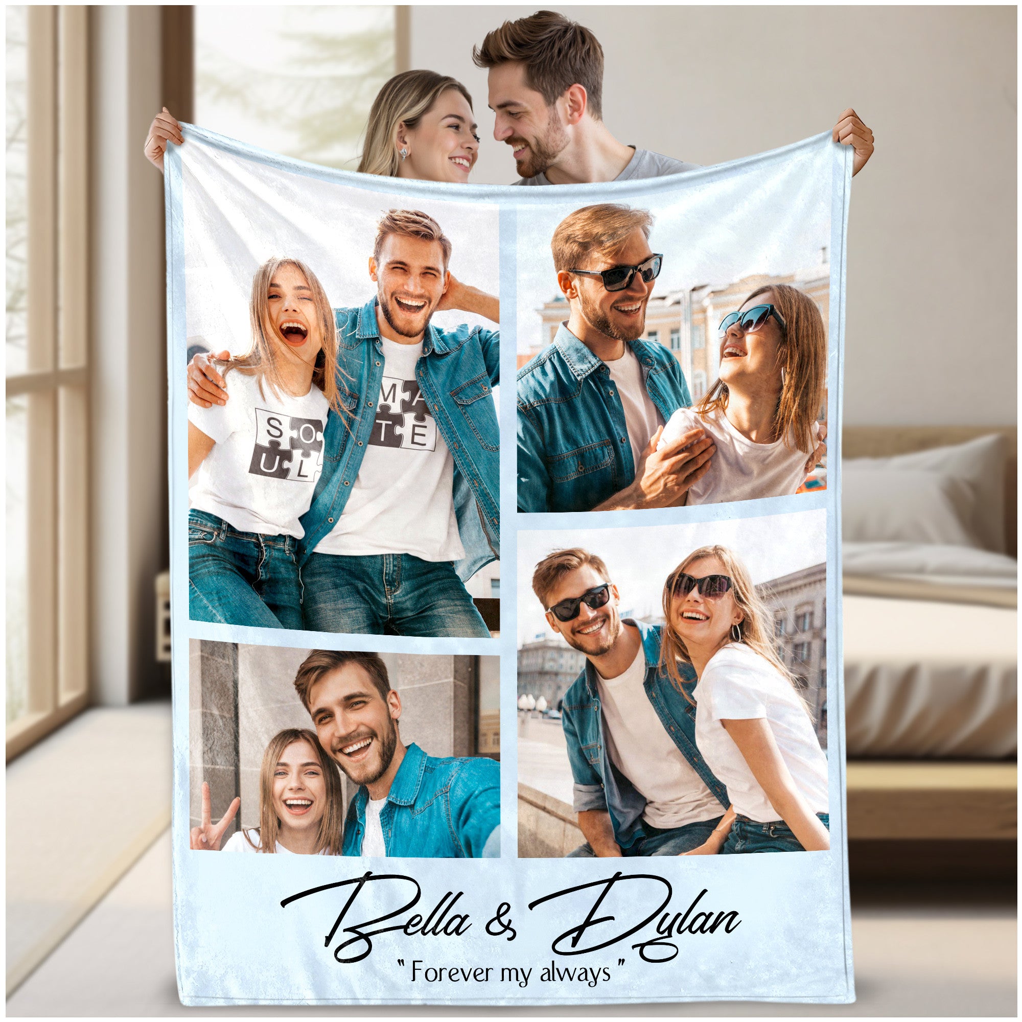 Custom Photo Blanket With Text Picture Collage For Couple Girlfriend Boyfriend Husband Wife, Customized Sherpa Fleece Collage Blanket Gift For Christmas Thanksgiving Wedding Anniversary With 4 Photos