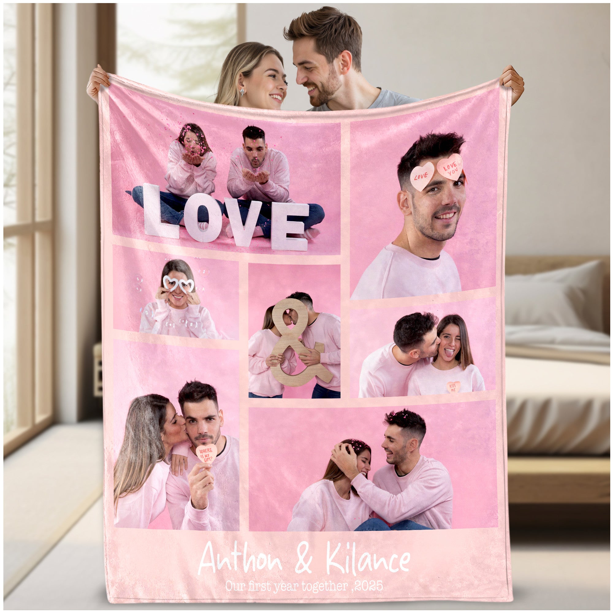 Custom Photo Blanket With Text Picture Collage For Couple Girlfriend Boyfriend Husband Wife, Customized Sherpa Fleece Collage Blanket Gift For Christmas Thanksgiving Wedding Anniversary With 7 Photos