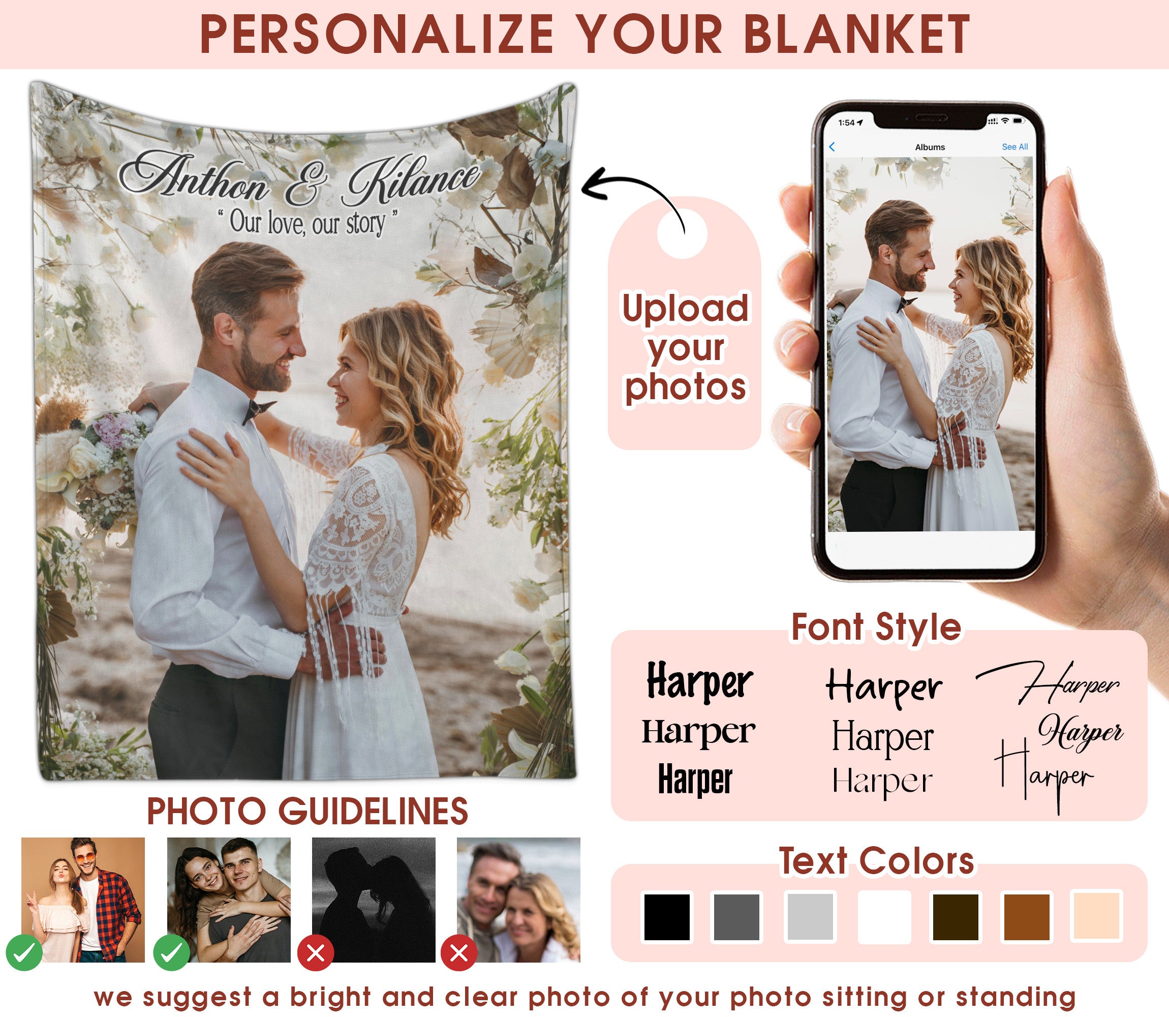 Custom Photo Blanket, Personalized Sherpa Fleece Photo Blanket From Pictures For Girlfriend Boyfriend Couples Husband Wife, Soft Plush Blankets Gift For Anniversary Wedding Engagement Decoration